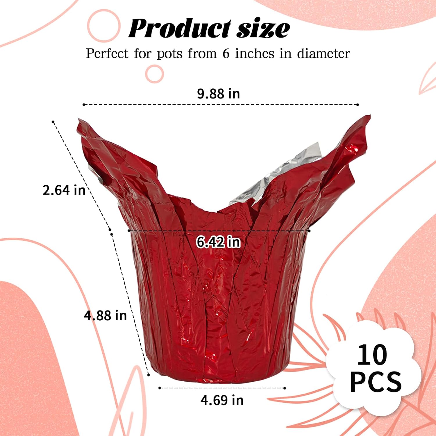 10-Pack 6 Inch STD Plant Pot Covers - Reusable Gold Foil Gift Wrap Sleeves for Indoor & Outdoor Flower Pots and Home DIY Decor (Red)