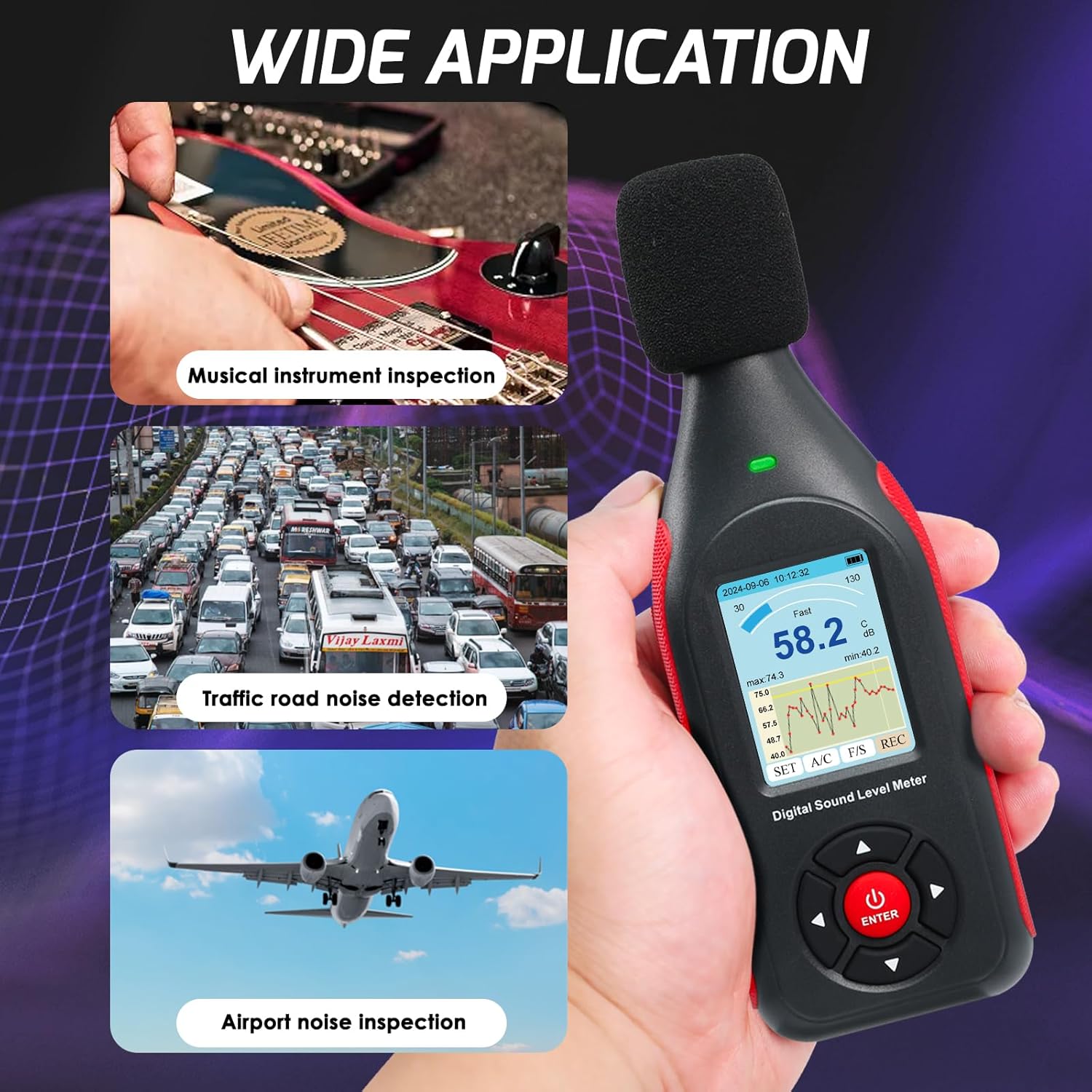 Sound Level Tester Decibel Meter Datalogger with A/C Frequency Weighting, Fast/Slow Response, 43,000 Data Records, Real-Time Sampling, USB/PC Connectivity, Three-Color LED Alarm Noise Reader