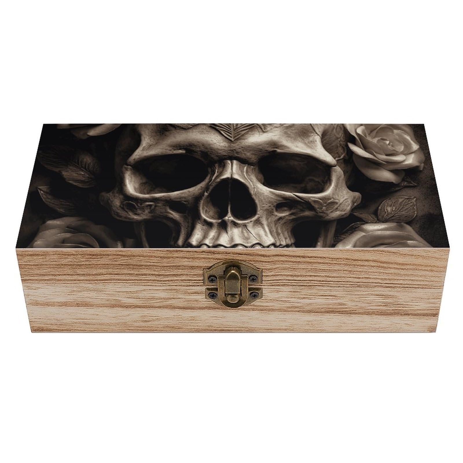 DWVTSLH Leather Rose Skull Wooden Storage Box Locked Wood Gift Box Decorative Keepsake Boxes Storage Bins, Memory Boxes for Pictures, Jewelry Organizer Unique Gift Ideas for Men Women