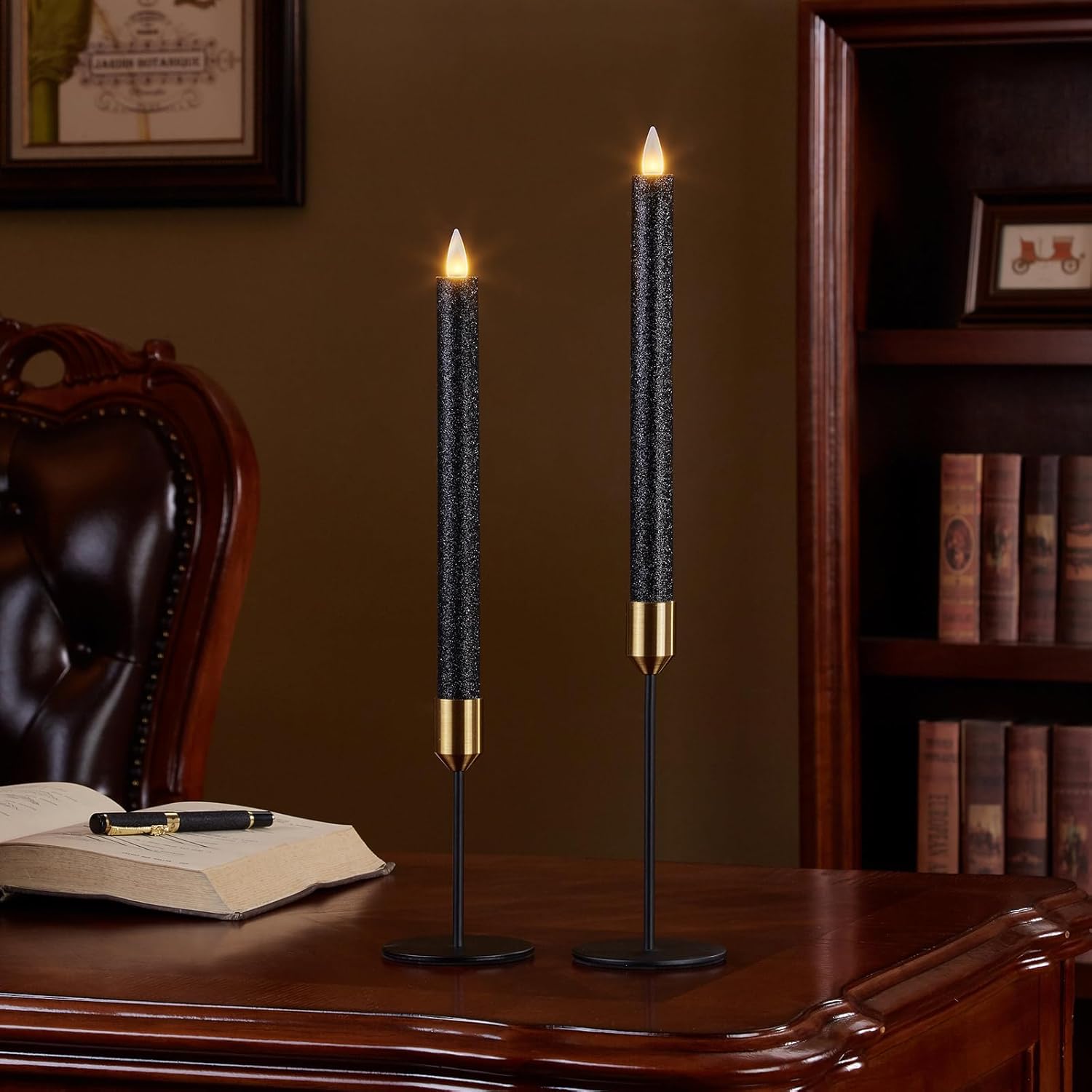 Black and Gold Candle Holder Set with 3D Moving Flame Taper Candles, Remote Control Timer, Safe Flameless Design for Home, Dining, and Festive Decor