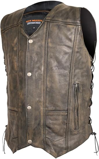 Mens Distressed Premium Cowhide Ten Pocket Leather Motorcycle Vest w/Dual CCW Pockets