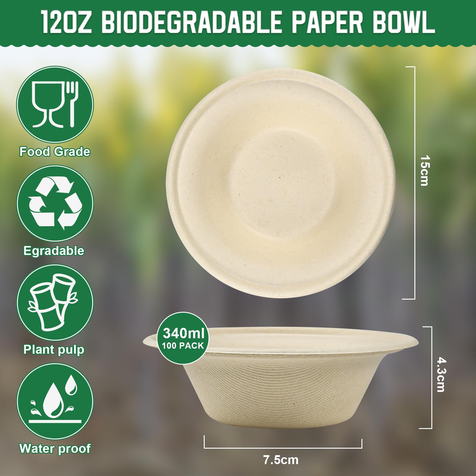 100 ciotole monouso da 340 ml, ciotole monouso in bagassa di canna da zucchero, Ciotole di Carta compostabili, ciotole per zuppa biodegradabili per cibo caldo e freddo
