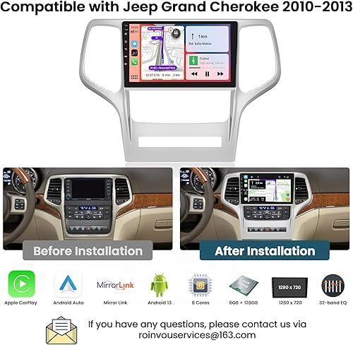 Miniatura 2 de Roinvou Actualización de radio Android de 8 núcleos 6+128G para Jeep Grand Cherokee 2010-2013, pantalla táctil HD de 9 pulgadas con CarPlay Android