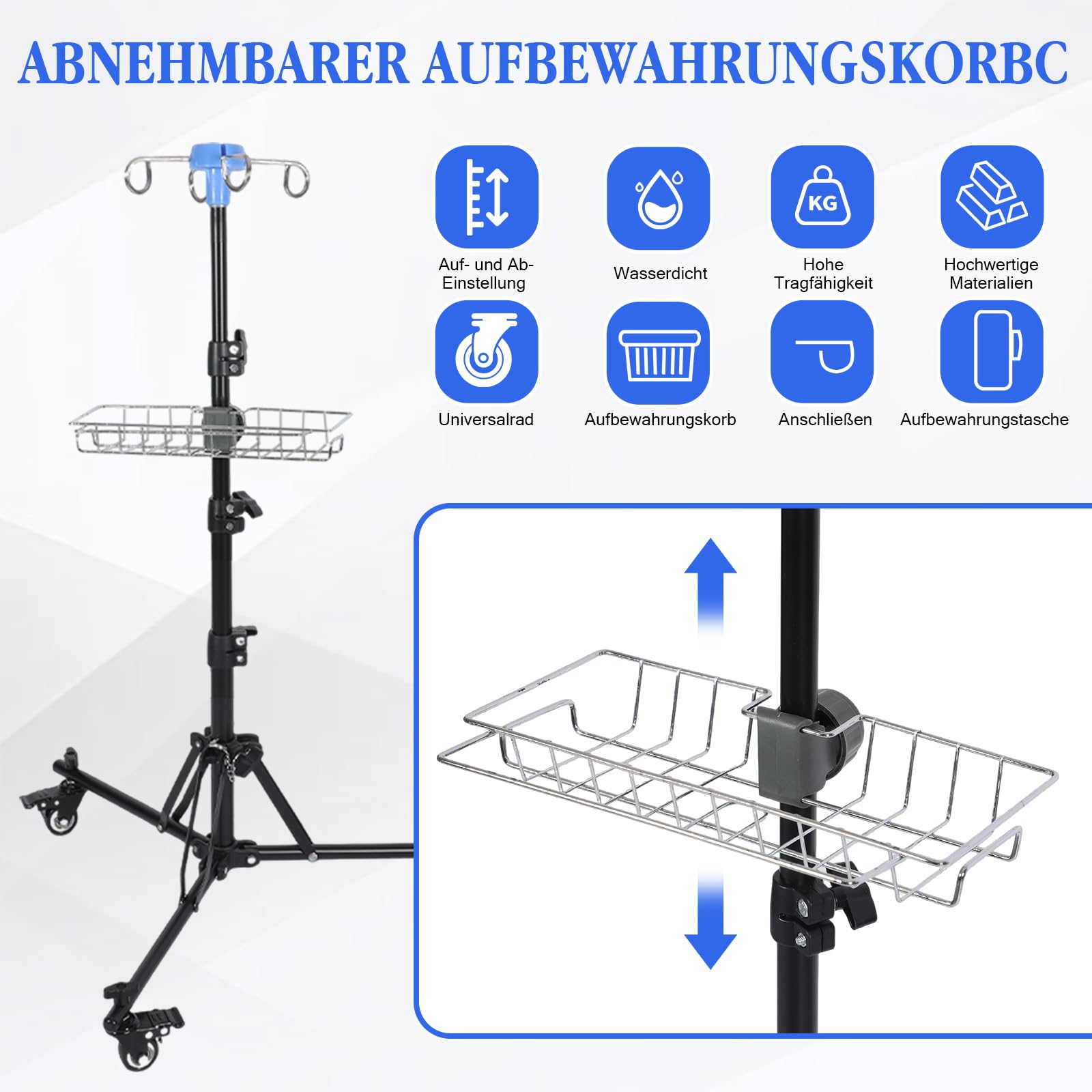 Soporte de infusión con ruedas y cesta de almacenamiento, plegable, altura ajustable, soporte IV con 4 ganchos y 3 ruedas, soporte portátil para infusión, para hospital, cuidado del hogar y viajes