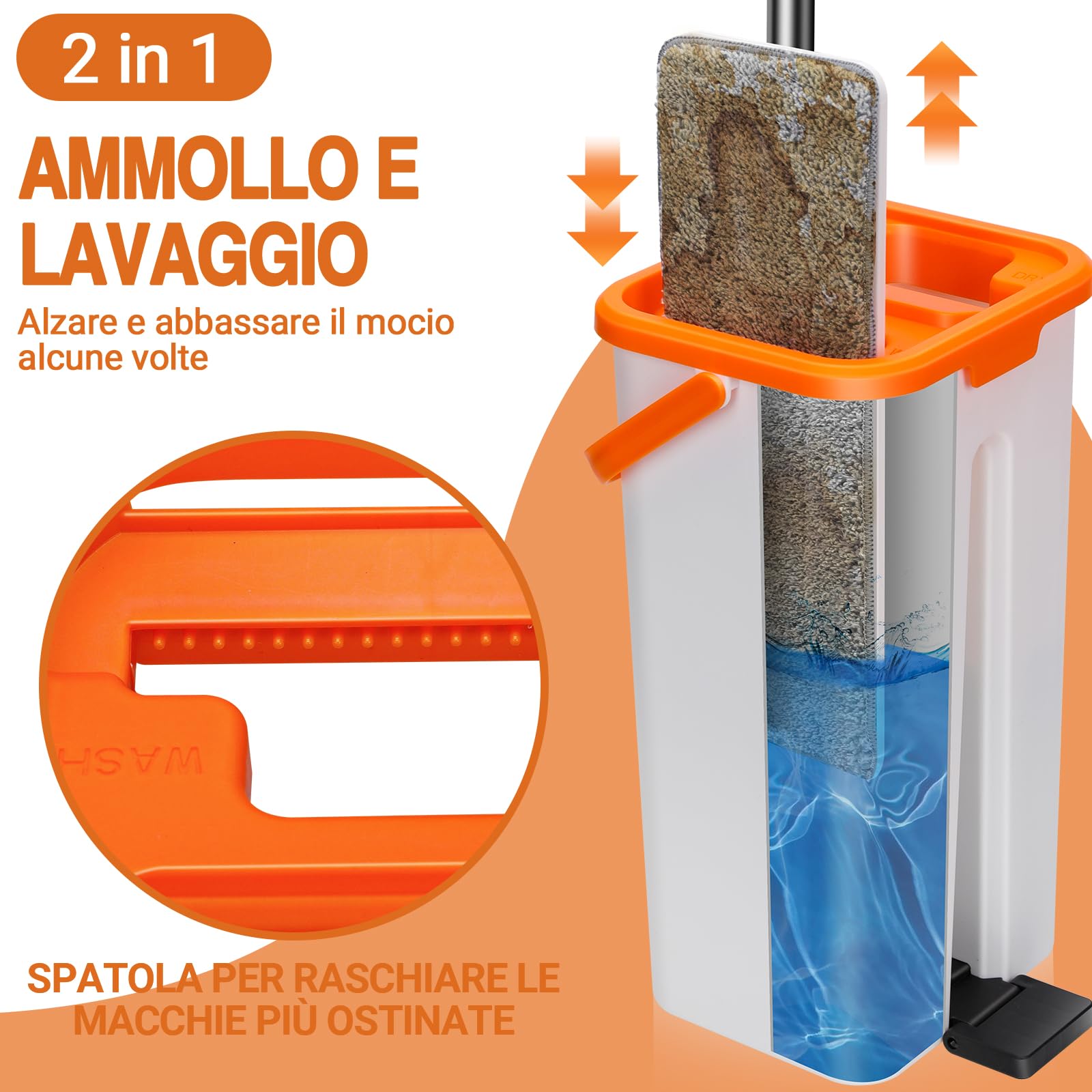 MASTERTOP Mocio Lavapavimenti e Secchio Strizzatore, Mocio Piatto Rotante e Piccolo Secchio Autolavaggio, Mop a Mani Libere in Microfibra, con 3 Tamponi Riutilizzabili (Arancione)