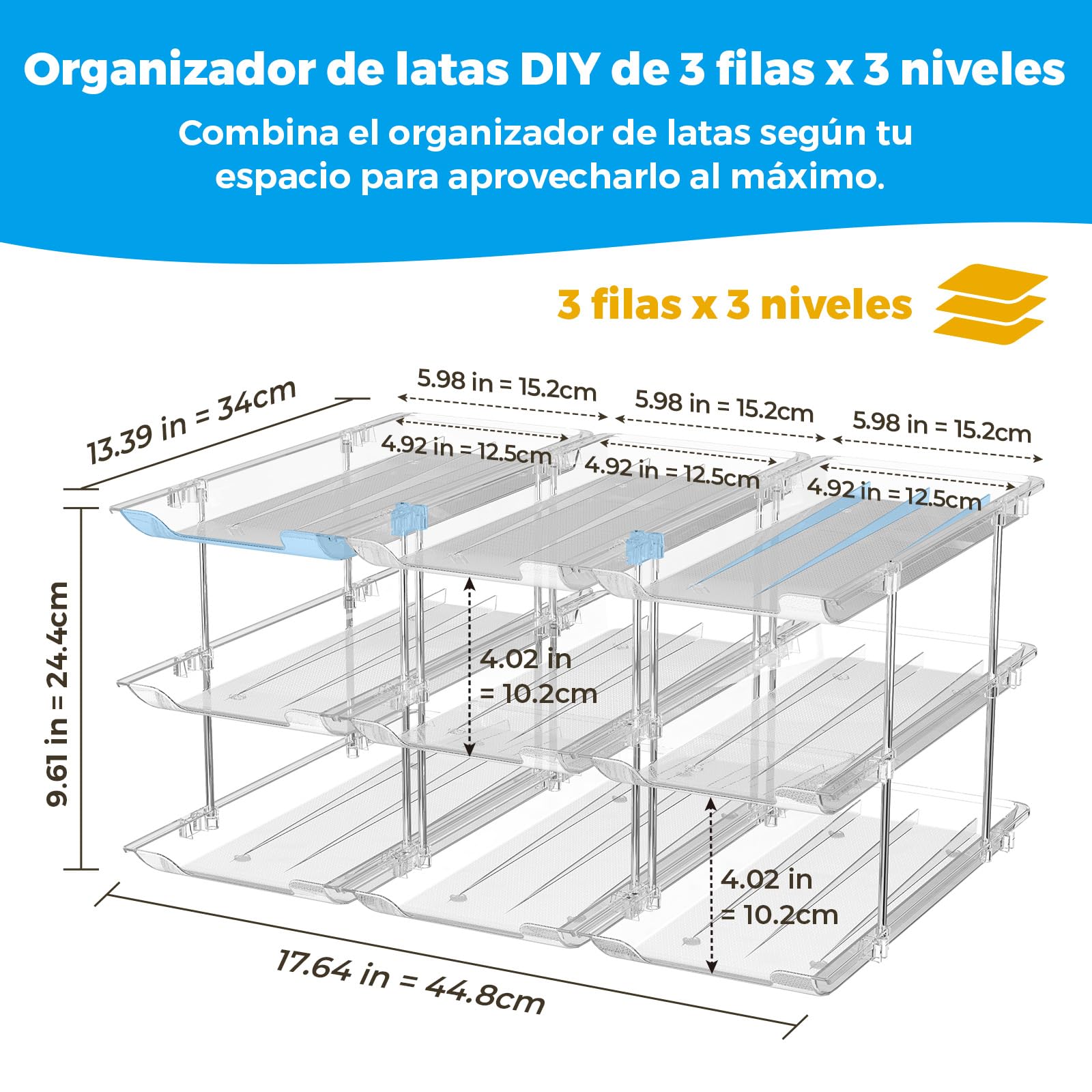 Organizador de latas apilable de 3 niveles para despensa, organizador de refrescos para nevera con capacidad para 36 latas, dispensador automático de latas para cocina, transparente