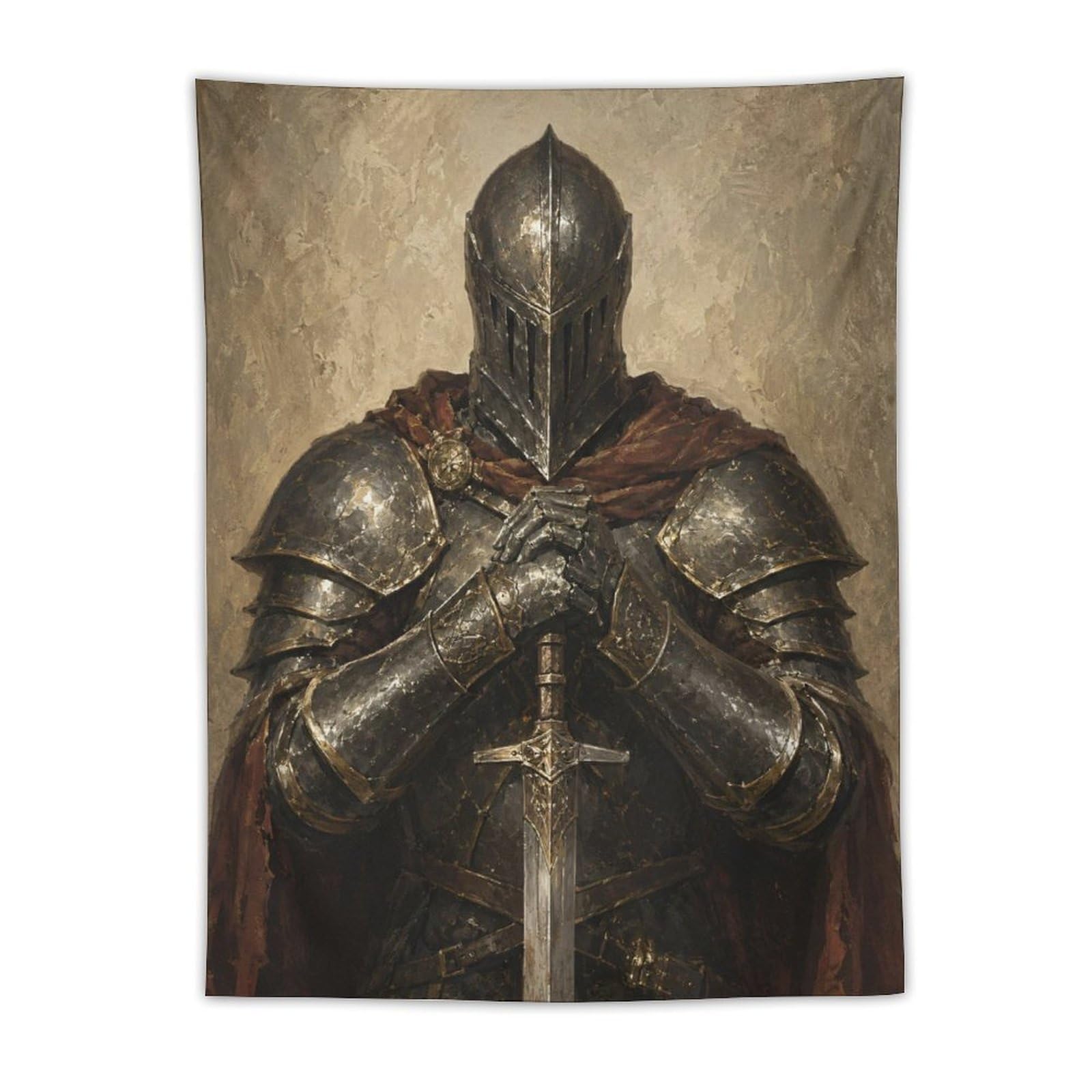 H3B8U2Y5 Medieval Knight Red Cape Wall Tapestry, Sacred Prayer