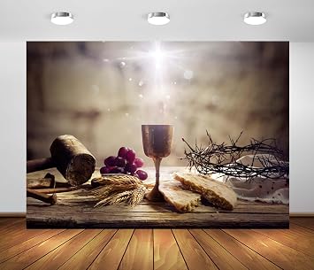 BELECO 7x5ft Fabric Holy Communion Backdrop Last Supper of Jesus with Passion, Communion and Calvary - Holy Grail and Bread with Crown of Thorns Background Church Decor Banner Photo Studio Props