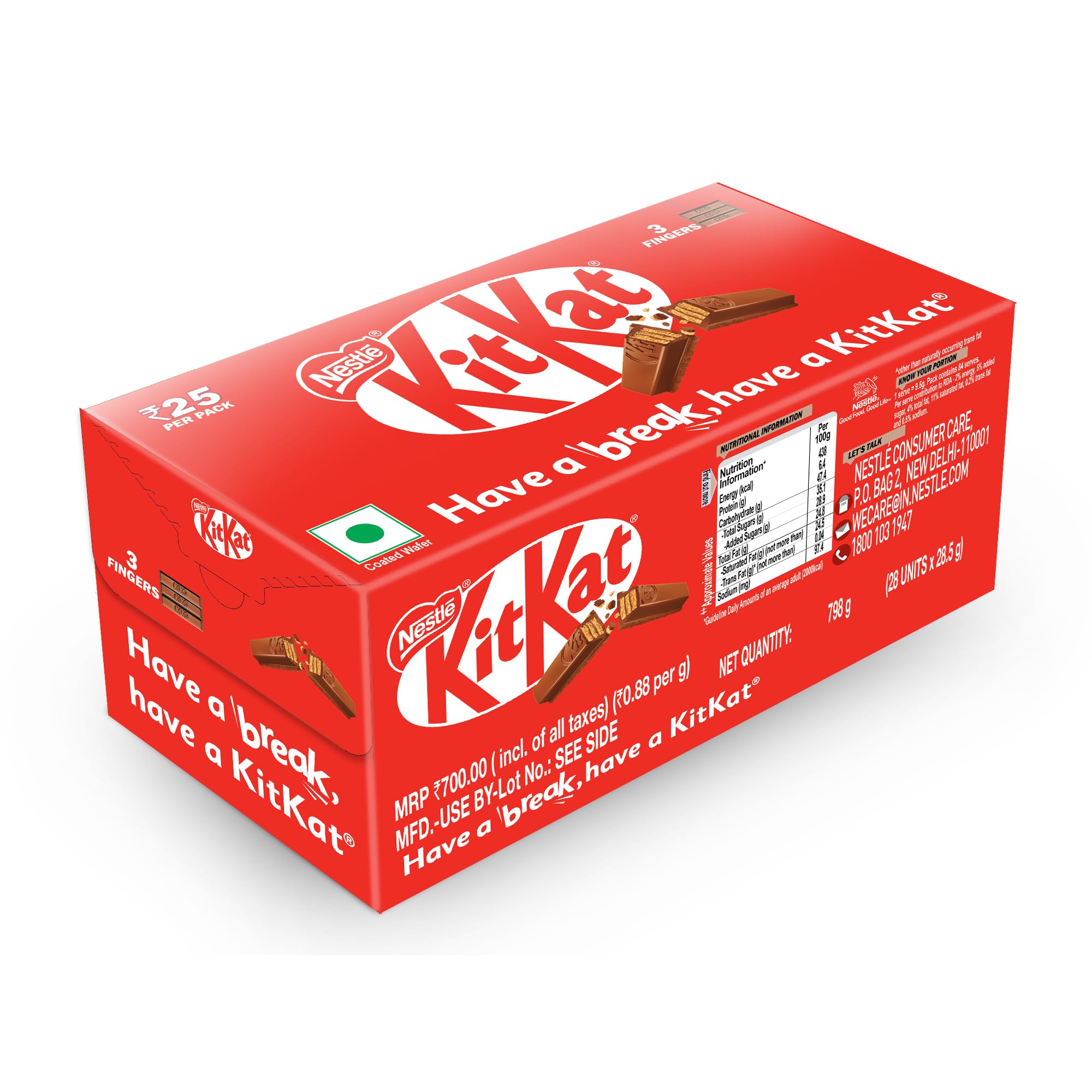 KIT KAT 3 Fingers, Choco Coated Wafer Bar, (28 x 28.5g), 798g, Box