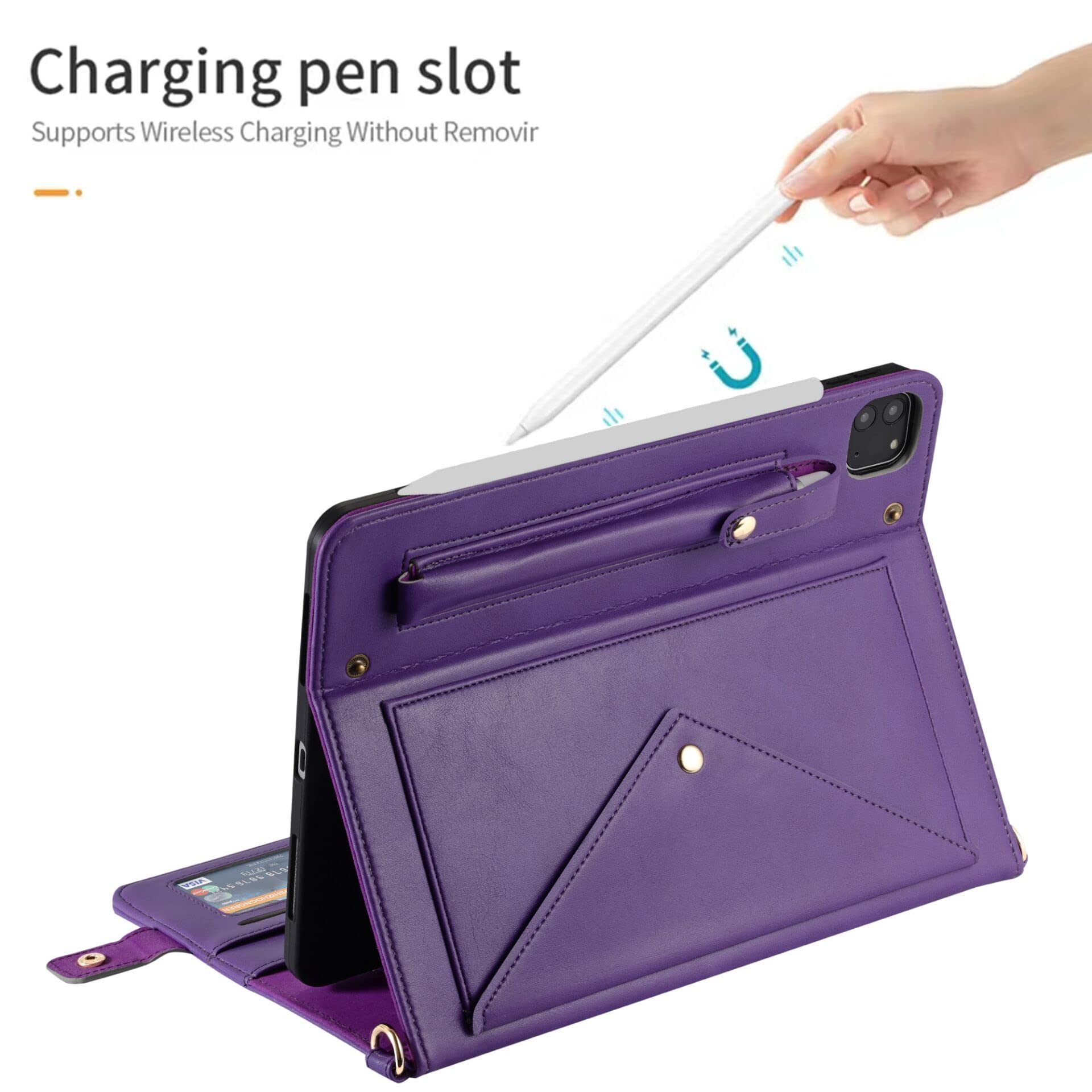 Handbag Case For IPad 10.2"/iPad Pro 10.5/iPad Air3, Techcircle Folio Stand PU Leather Cover W/Hand Strap, Crossbody IPad Case With Pencil Holder Card Slots Envelope Pocket Wallet Case, Midnight Green - View #9