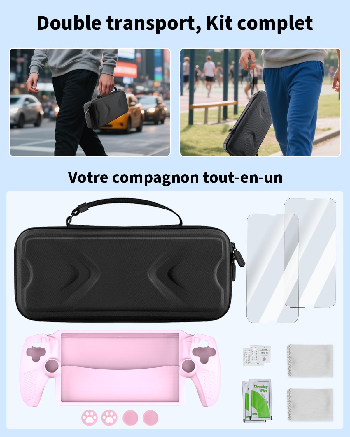 Kit Accessoires 14-en-1 pour PlayStation Portal (PS5 Remote Player), Étui de Transport Rigide pour PS Portal, Coque Silicone, 2 Films de Protection, 4 Thumb Grips, Noir & Rose