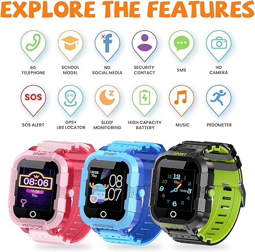 Miniatura 5 de Reloj inteligente para niños con tarjeta SIM, reloj de teléfono celular 4G desbloqueado para niños, rastreador GPS, video de llamadas Wi-Fi, chat de