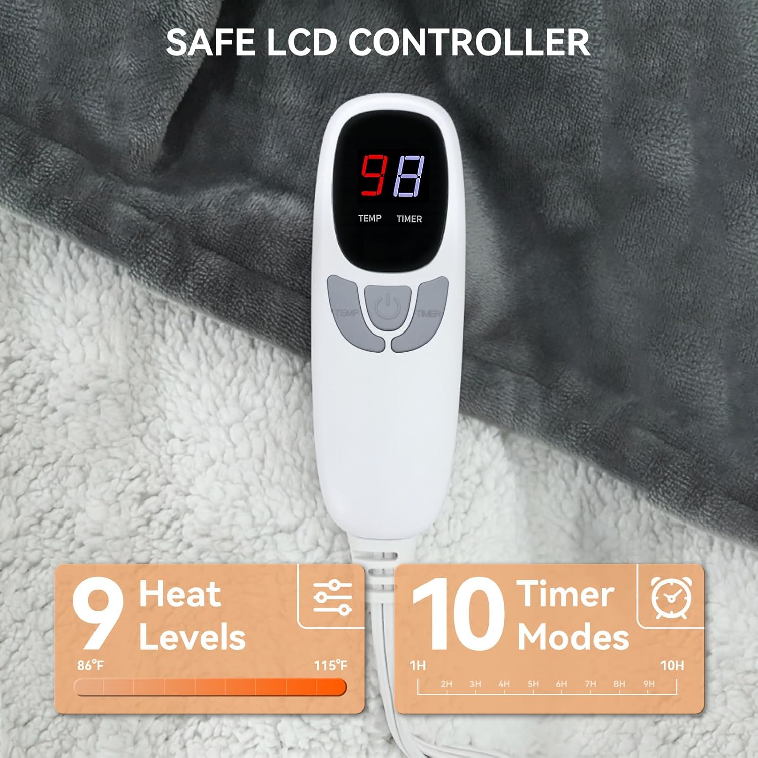 Heated Blanket Throw Electric Blanket 50''x60'' Heating Blanket with 9 Heating Levels 10 Timer Modes Auto-Off Fast Heating Overheat Protection ETL Certified Machine Washable Gift - Image 4