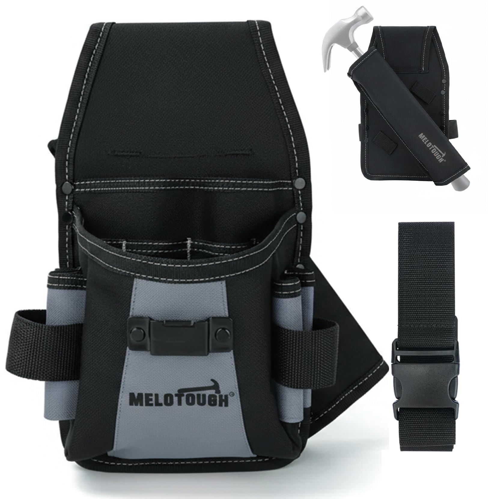 MELOTOUGH Electrical Tool Pouch with Belt, Small Tool Pouch, Construction,Hammer Loop,Taper Measure Holder,Grey