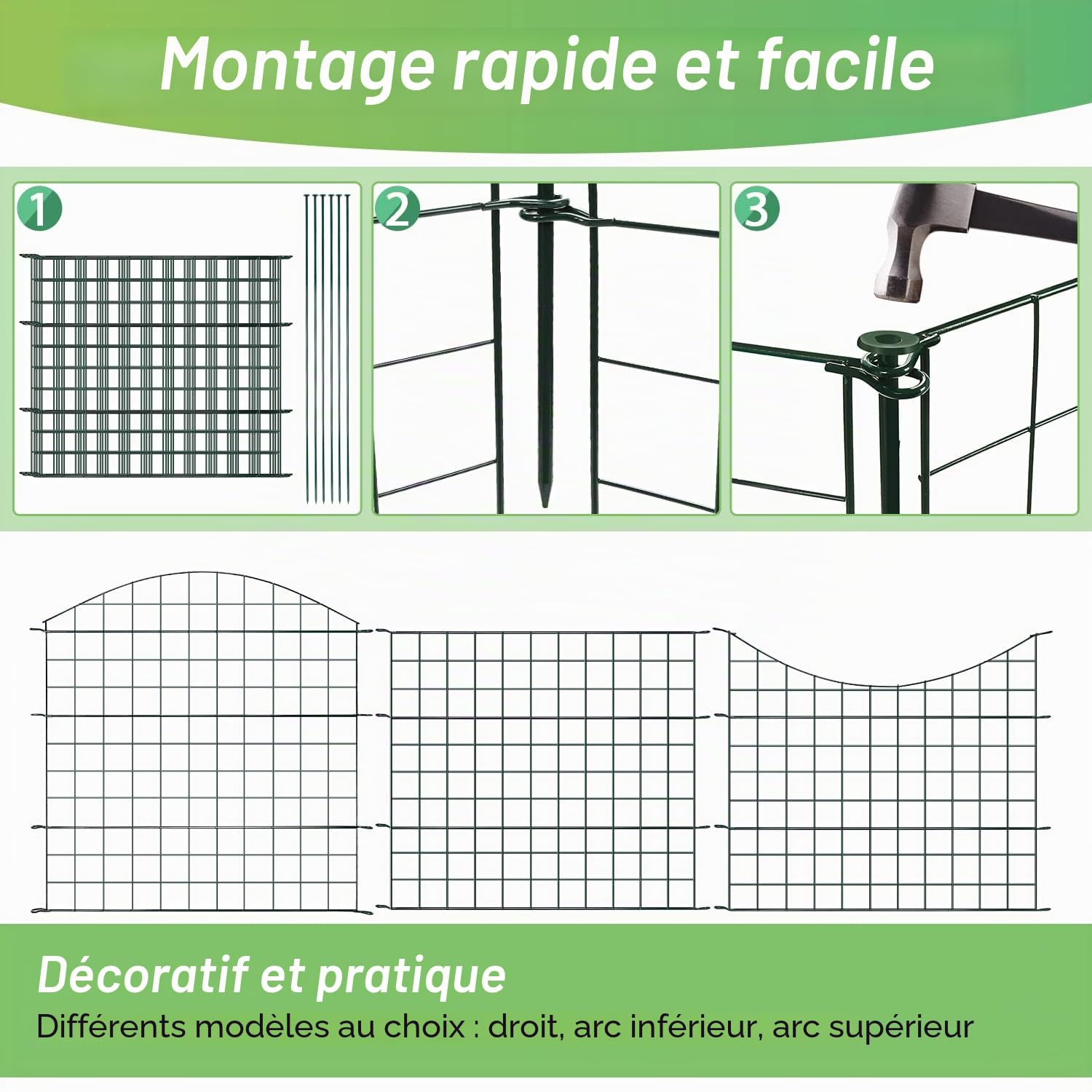 Clôture d'étang clôture de jardin en métal enclos ouverts clôtures grillagées enclos pour lapins clôture pour chiens étang 22 pièces 10 éléments de clôture et 12 barres de fixation (droites)