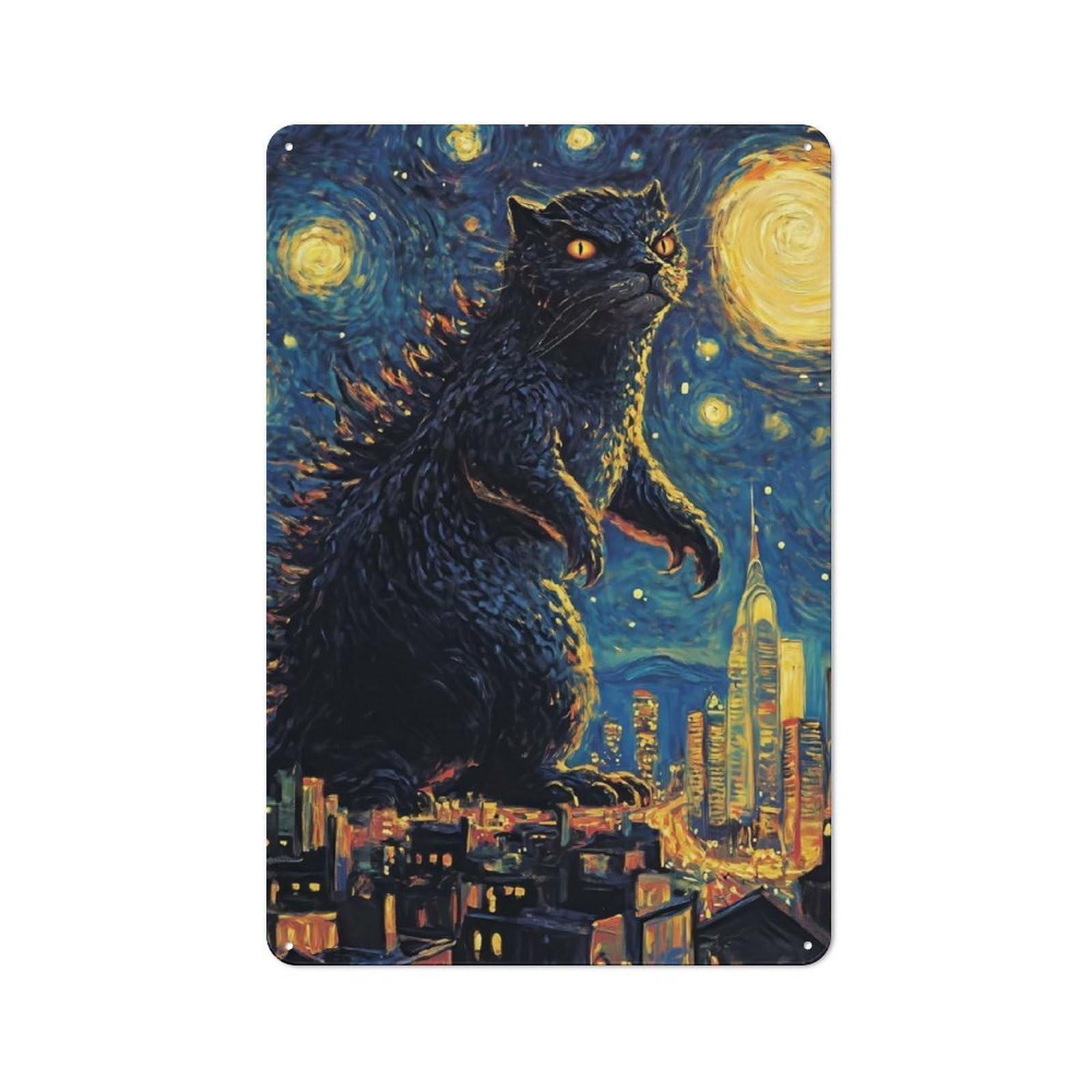 Junmoney Catzilla Starry Night Kitchen Metal Sign 30X20cm, Country Style Kitchen Wall Decor For Restaurant, Kitchen, Counter Or Breakfast Nook