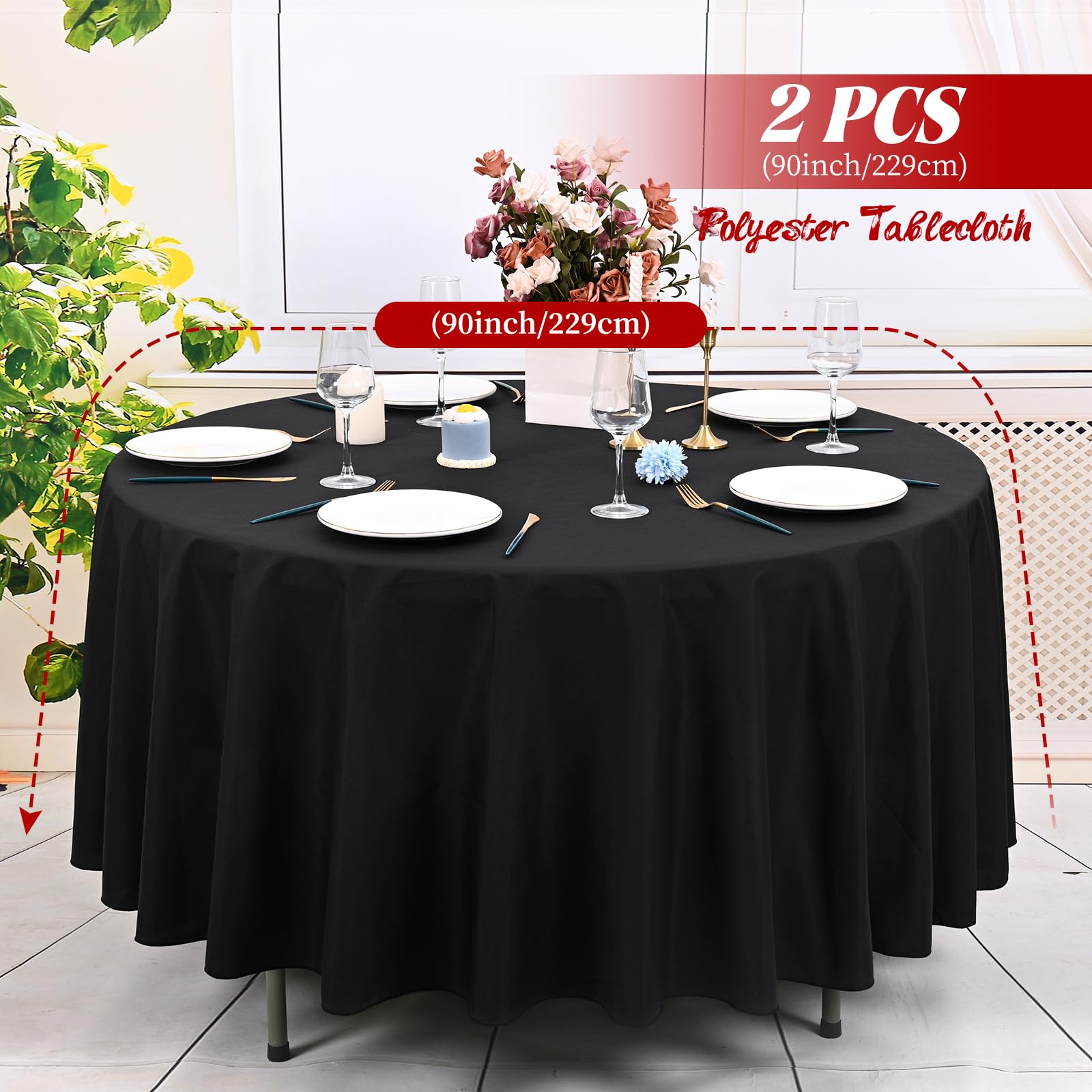 2 Pack Black Round Tablecloth 229CM/90Inch Black Tablecloths Waterproof Polyester Table Cloth for Round Tables Stain and Wrinkle Resistant Washable Fabric Table Cover for Party Wedding Banquet Dining - Image 2