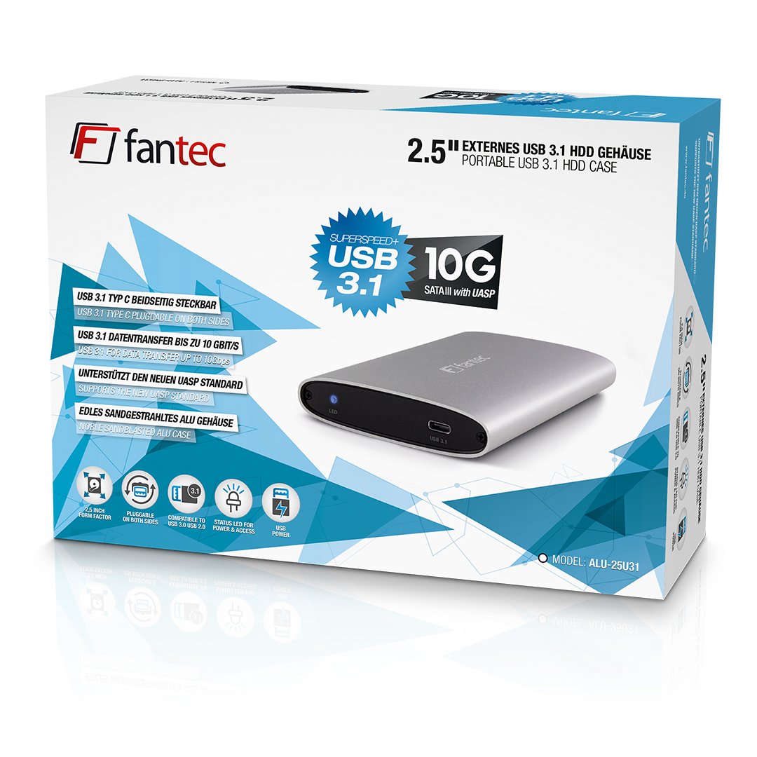 FANTEC ALU-25U31 externe harde schijfbehuizing (voor de installatie van een 6,35 cm (2,5 inch) SATA harde schijf of SSD, USB 3.1 en UASP, gegevensoverdracht tot 10 Gbit/s, passieve koeling, aluminium