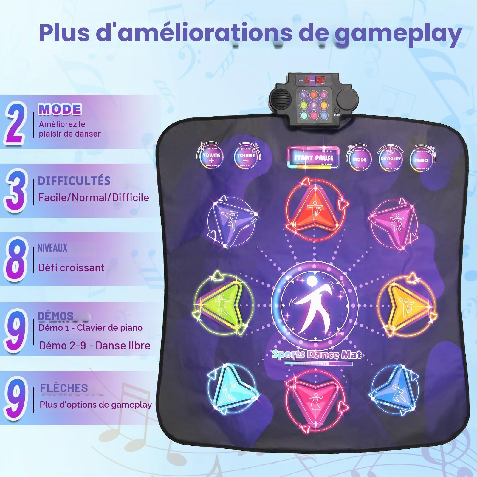 Tapis de Danse pour Enfants pour Filles de 3 à 12 Ans, 9 Modes de Jeu avec Difficulté & Volume Réglables, Tapis de Danse Musical Portable et Sécurisé avec 9 Boutons pour Intérieur & Extérieur