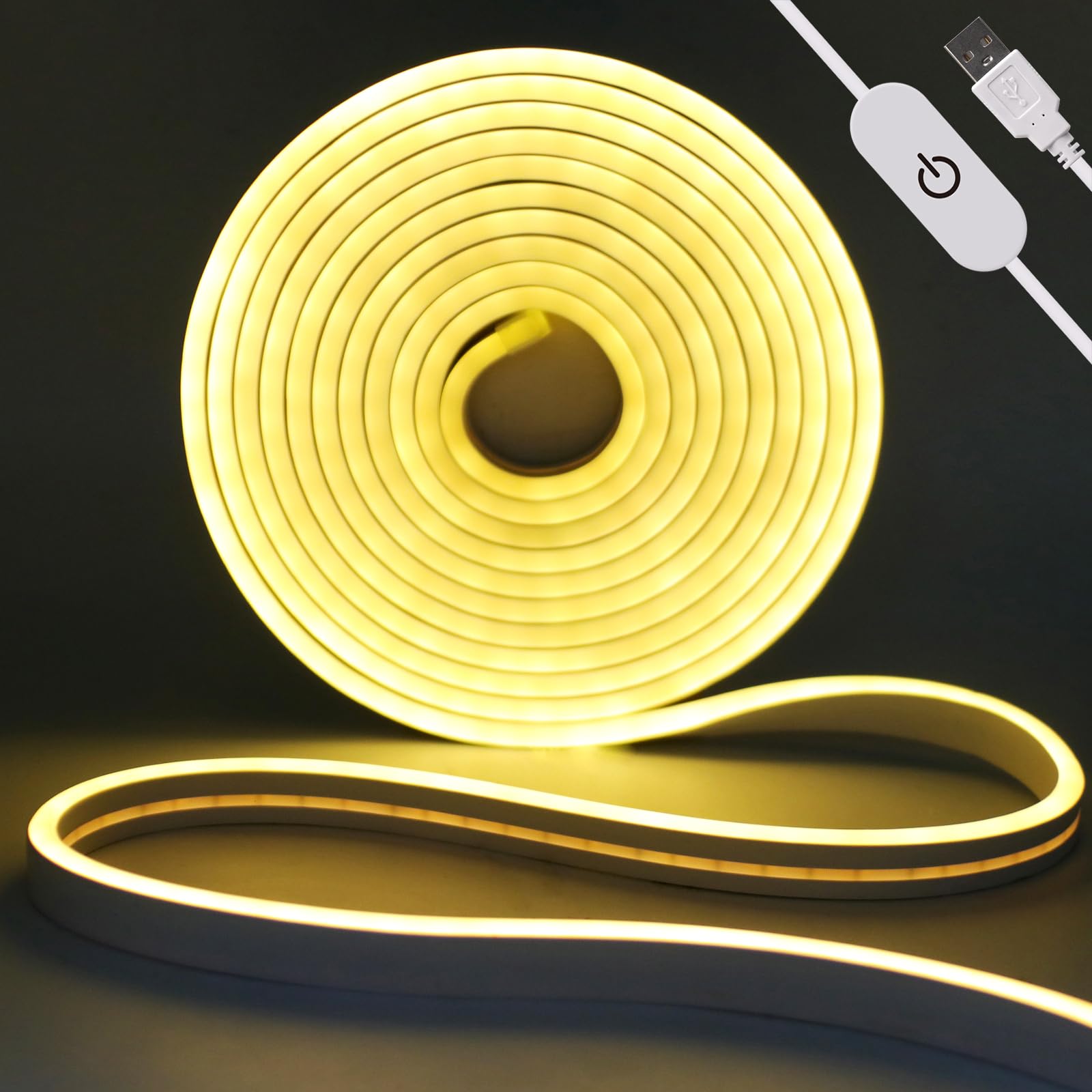 KAFULA DC5V Dimmable LED Neon Light Strip, USB Powered, 120 LEDs/m 2M Warm White 3000K Silicone LED Light Strip CRI85+, IP65 Waterproof Flexible, Home DIY Lighting Decoration