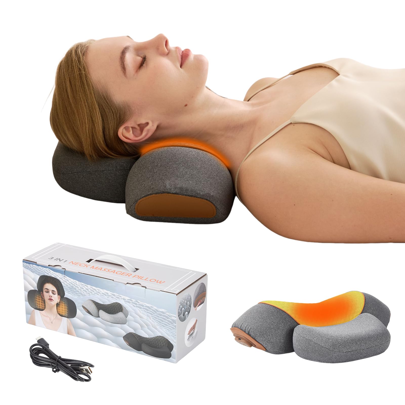 3 in 1 Heated Neck Massage Pillows with Heat for Pain Relief Deep Tissue, Rechargeable Cervical Neck Hump Corrector, Wireless Pillow Supports - 2