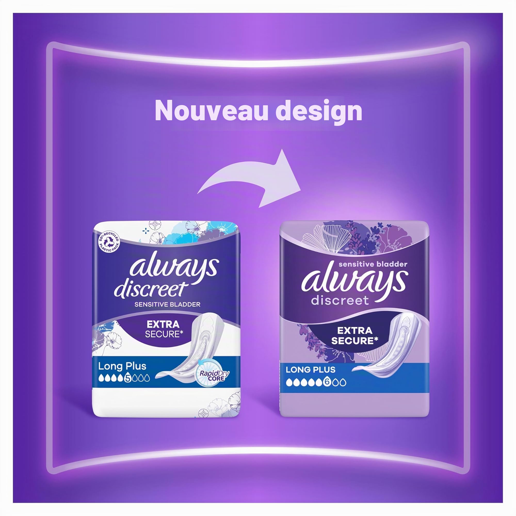 Always Discreet, 64 Serviettes Hygiéniques Incontinence Femme, Long plus 6 Gouttes, Protection Absorbante pour Fuites Urinaires Importantes, Pack 1 Mois