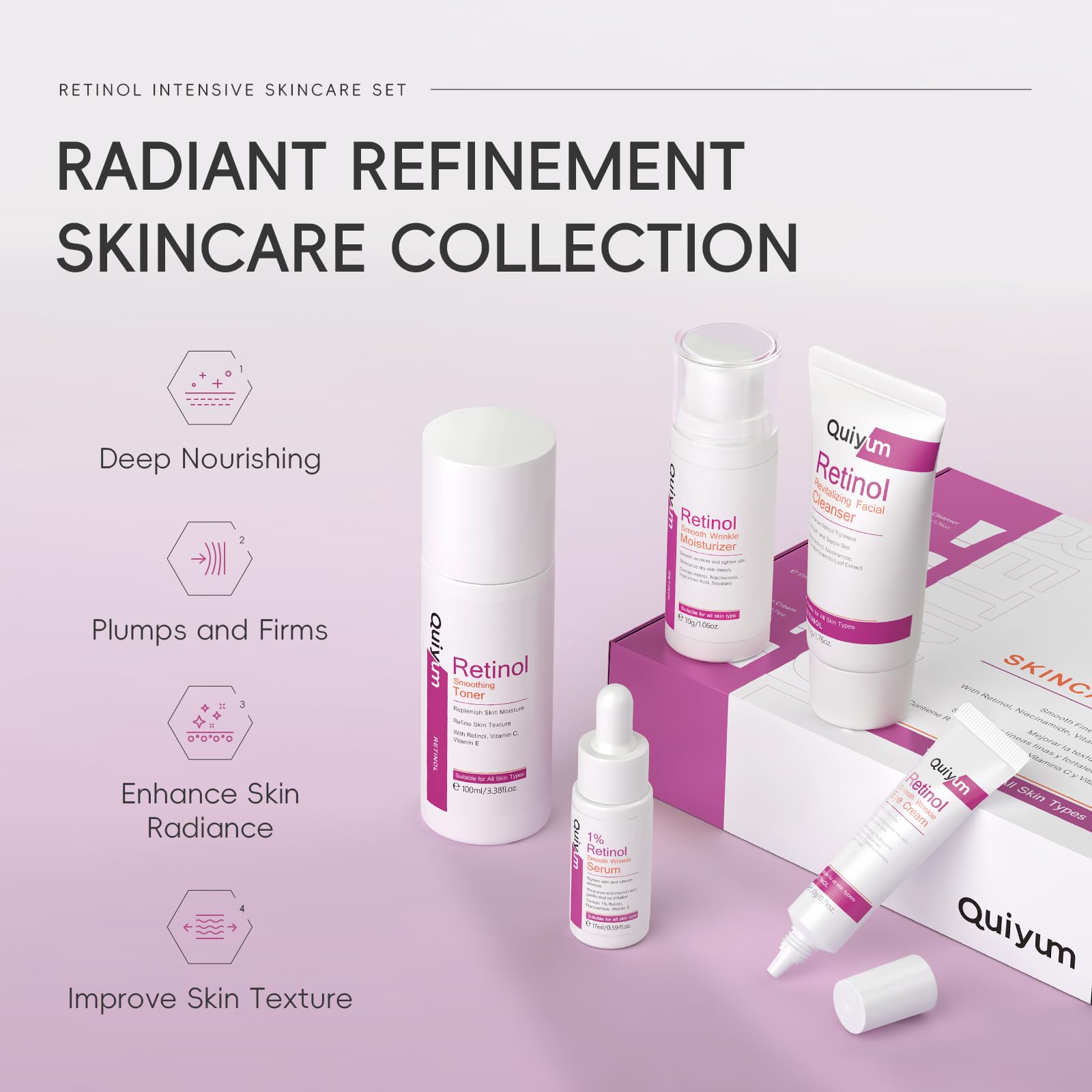 QUIYUM Set Cura Viso Anti-Età al Retinolo 5 Pezzi con Detergente Tonico Siero Crema Contorno Occhi e Crema Idratante per Donna