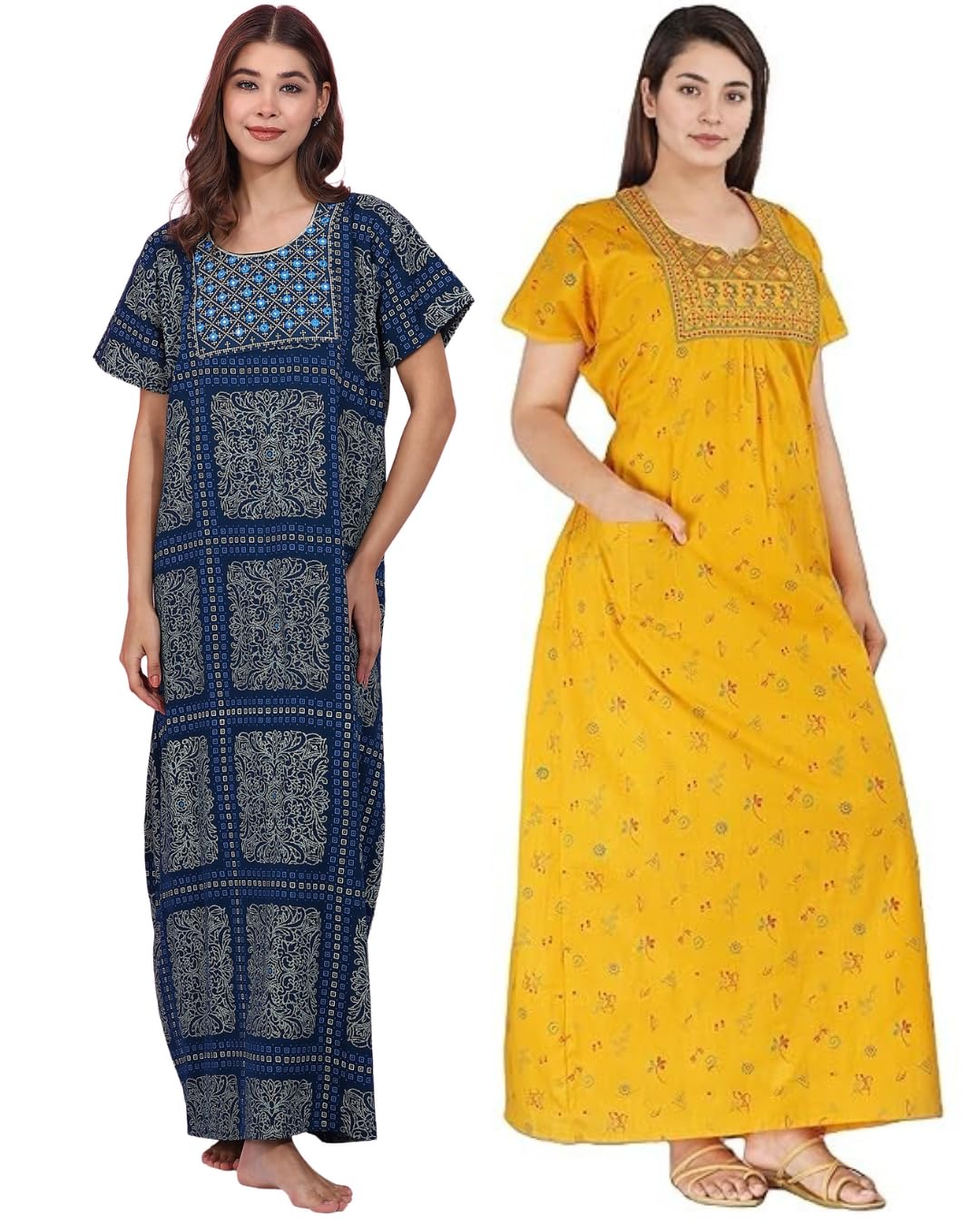 niloufo Women's Cotton Jaipuri Nighty Gown – Pack of 2 Rajasthani Print Night Dresses | Maxi Sleepwear with Pocket | Soft Embroidered Loungewear for Ladies-picture-36