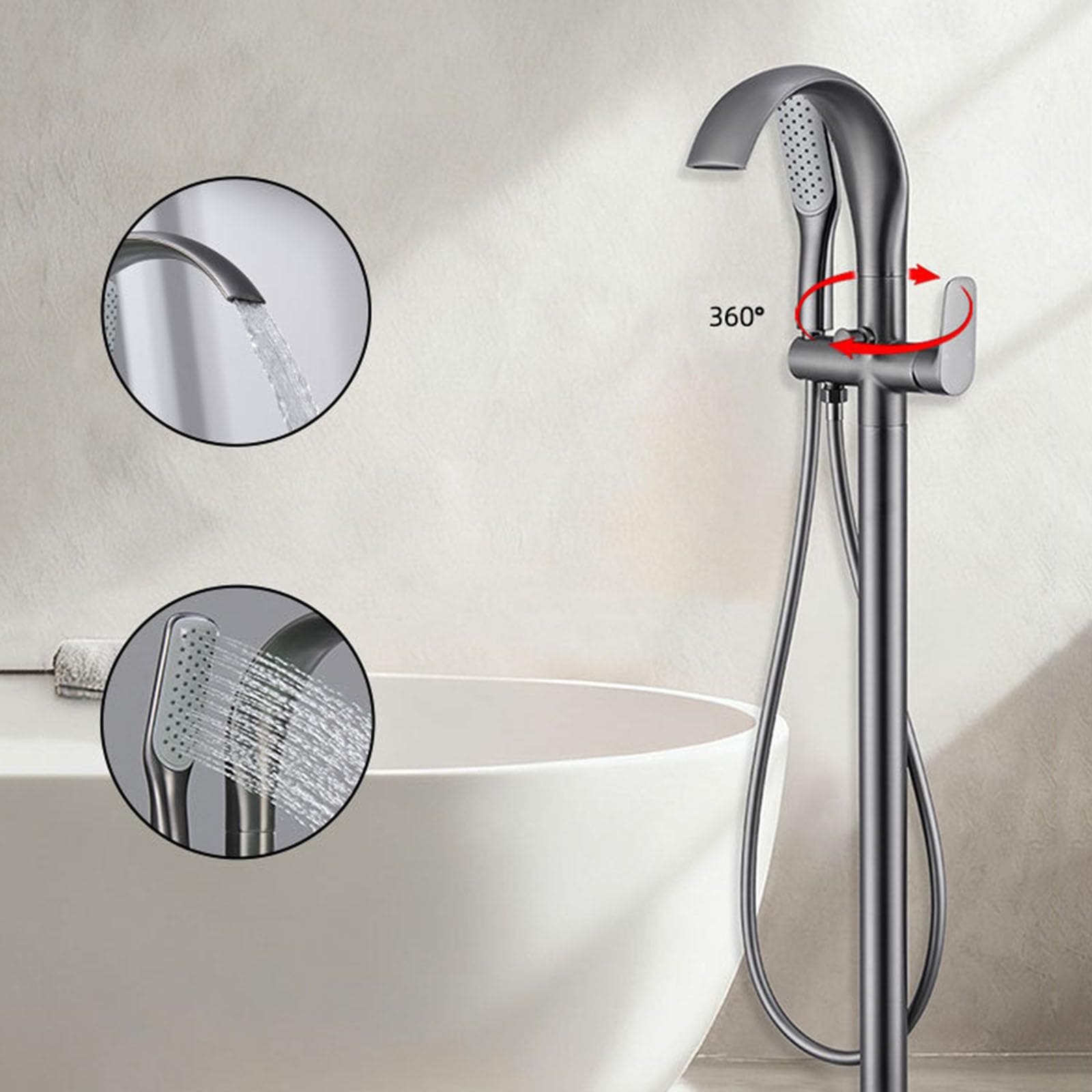Rubinetto a Cascata per Vasca da Bagno da Terra Collo di Cigno Rubinetto Vasca Freestanding Maniglia Singola,Grigio Canna di Fucile