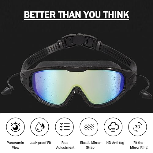 Miniatura 6 de Gafas de natación de marco grande con cubierta de nariz y funda, visión ancha HD anti niebla, gafas de natación con protección UV para adultos