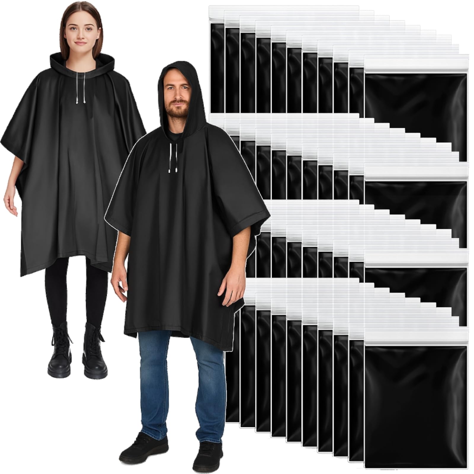 Zhehao 40 Pcs Reusable Rain Ponchos for Adult with Drawstring Hood Raincoats Waterproof Plastic Jacket Raincoat for Men Women