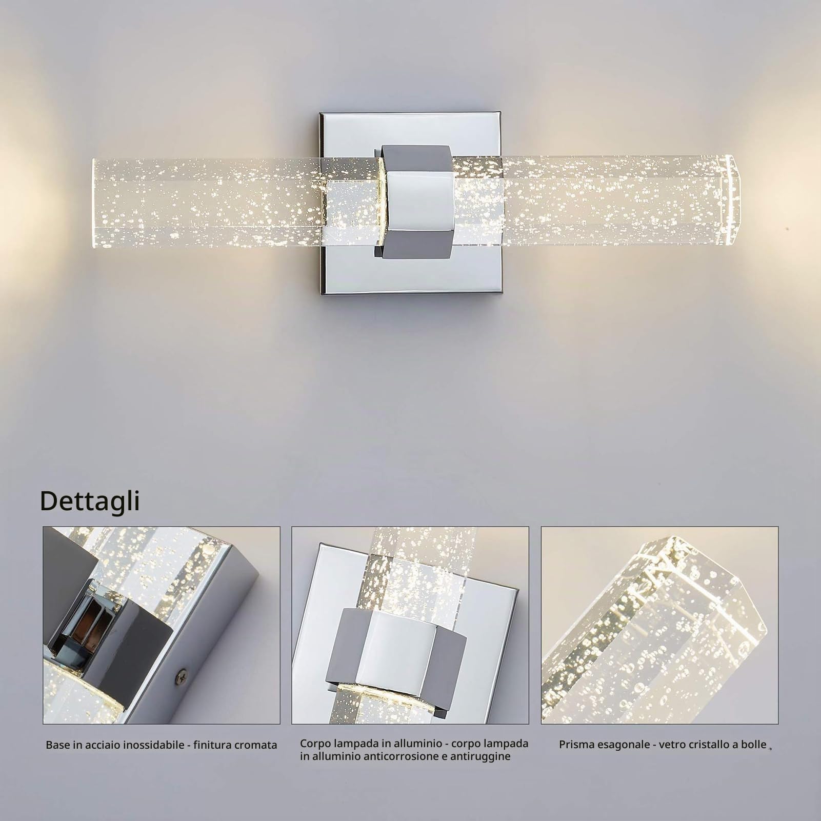 Luci da Parete per Interni Paralumi di Cristallo per Lampade a Parete Lampada da Parete a LED Applique Tricolori per Hotel,Camera da letto,Corridoio,Bagno,Illuminazione per Interni (Cromo)