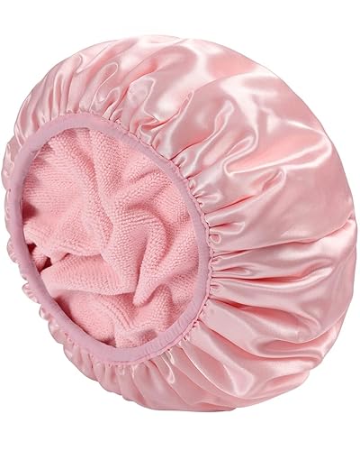 YIZIJIZI Gorro de ducha forrado de rizo, gorro de ducha de tres capas grande para mujer, gorro de ducha reutilizable impermeable, para cabello largo