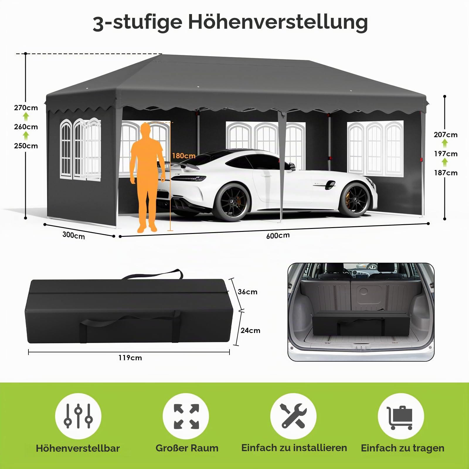 Pavillon 3x6,mit 6PCS Seitenteilen,Faltpavillon Wasserdicht,Stabil Winterfest,Partyzelt,Tente de Reception,Gartenpavillon Höhenverstellbar,für Strand/Festival/Camping/Markt,12 Erdhaken 6 Seil,Grau
