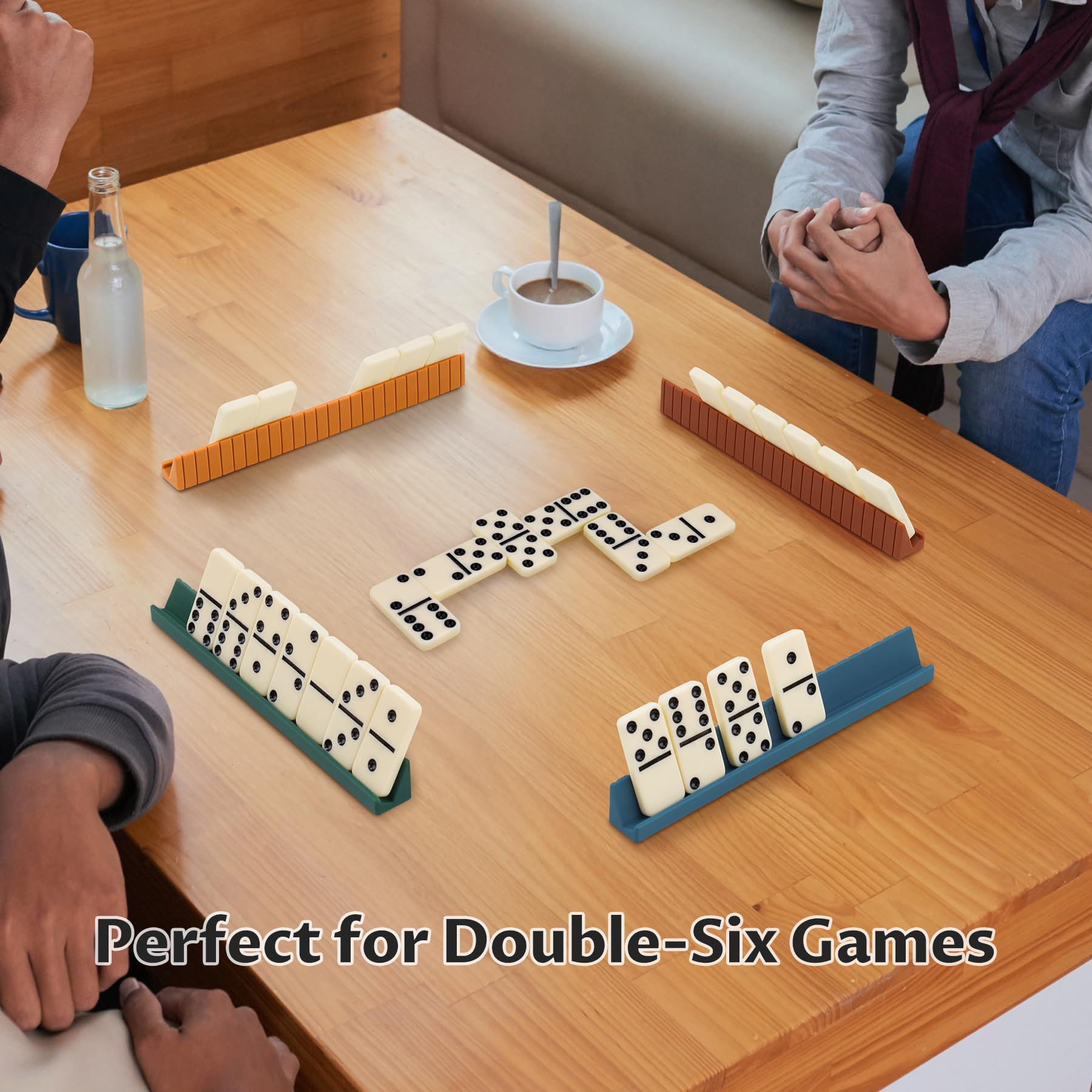 Juego de dominó para adultos, doble 6 fichas de dominó con 28 piedras (4 x 2 x 0,5 cm) y 4 soportes de silicona para dominó (16 x 1,7 x 1,8 cm), juego de mesa clásico con bolsa de transporte para