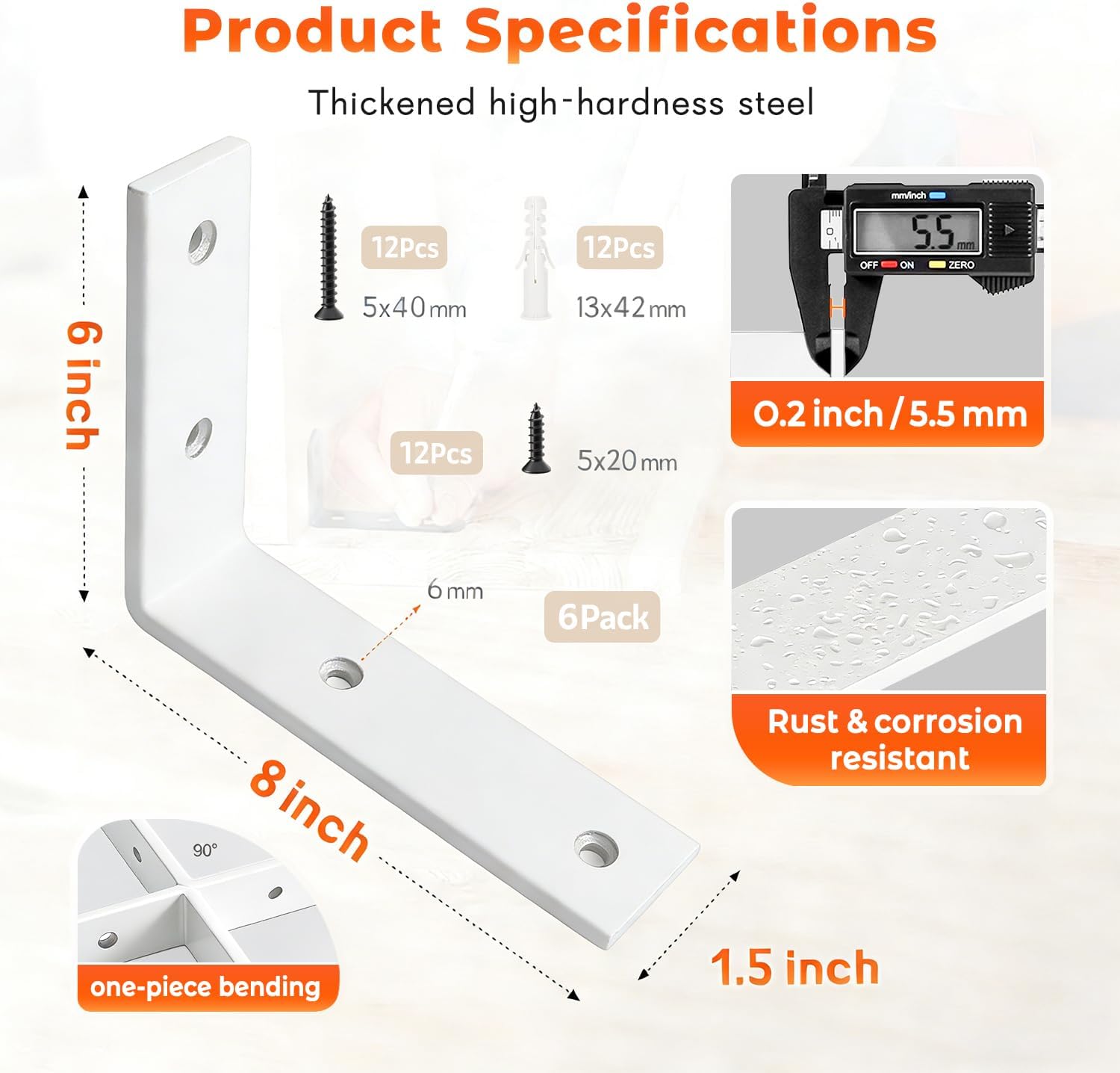 WINKER Shelf Bracket 6 Pack 8" Lx8 Hx1.5 W 5mm Thick Heavy Duty White 8 Inch Metal Iron L Brackets for Wall Shelves