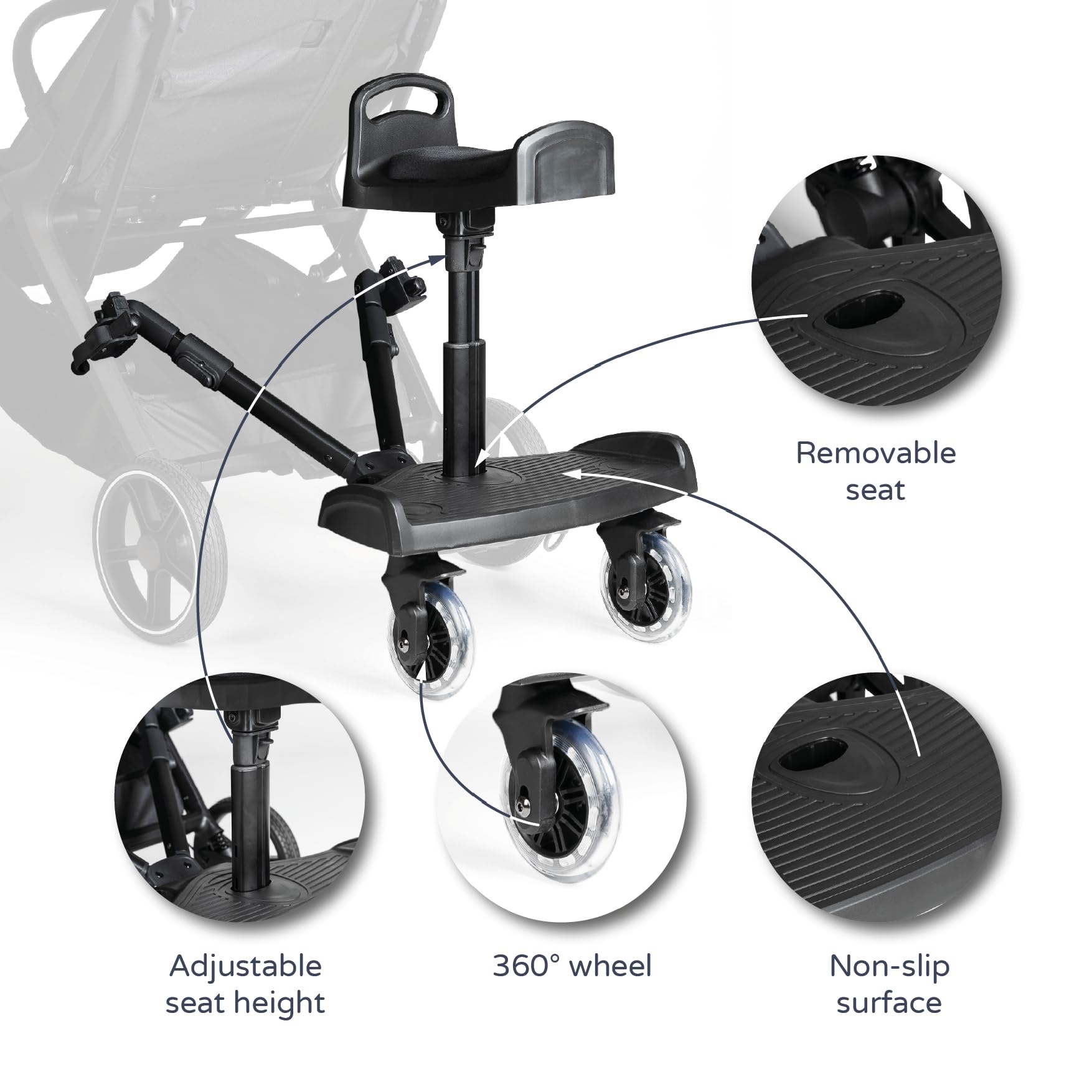 MS BabyWorld – Pedana + Sedile Universale – Pedana con seduta imbottita | Altezza regolabile | Base antiscivolo | Cinghia di trasporto | Fino a 25 kg