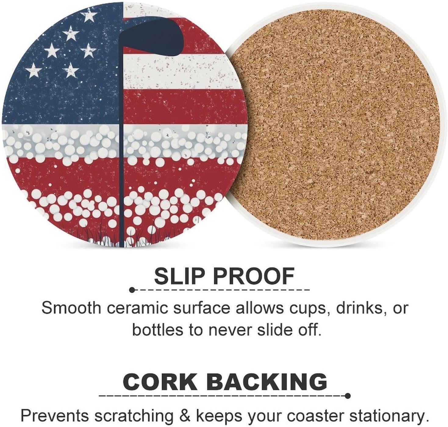 Golf with U.S. Flag Round Ceramic Coasters Print Drinks Absorbent with Cork Base for Home Decor Gifts 4 Inch