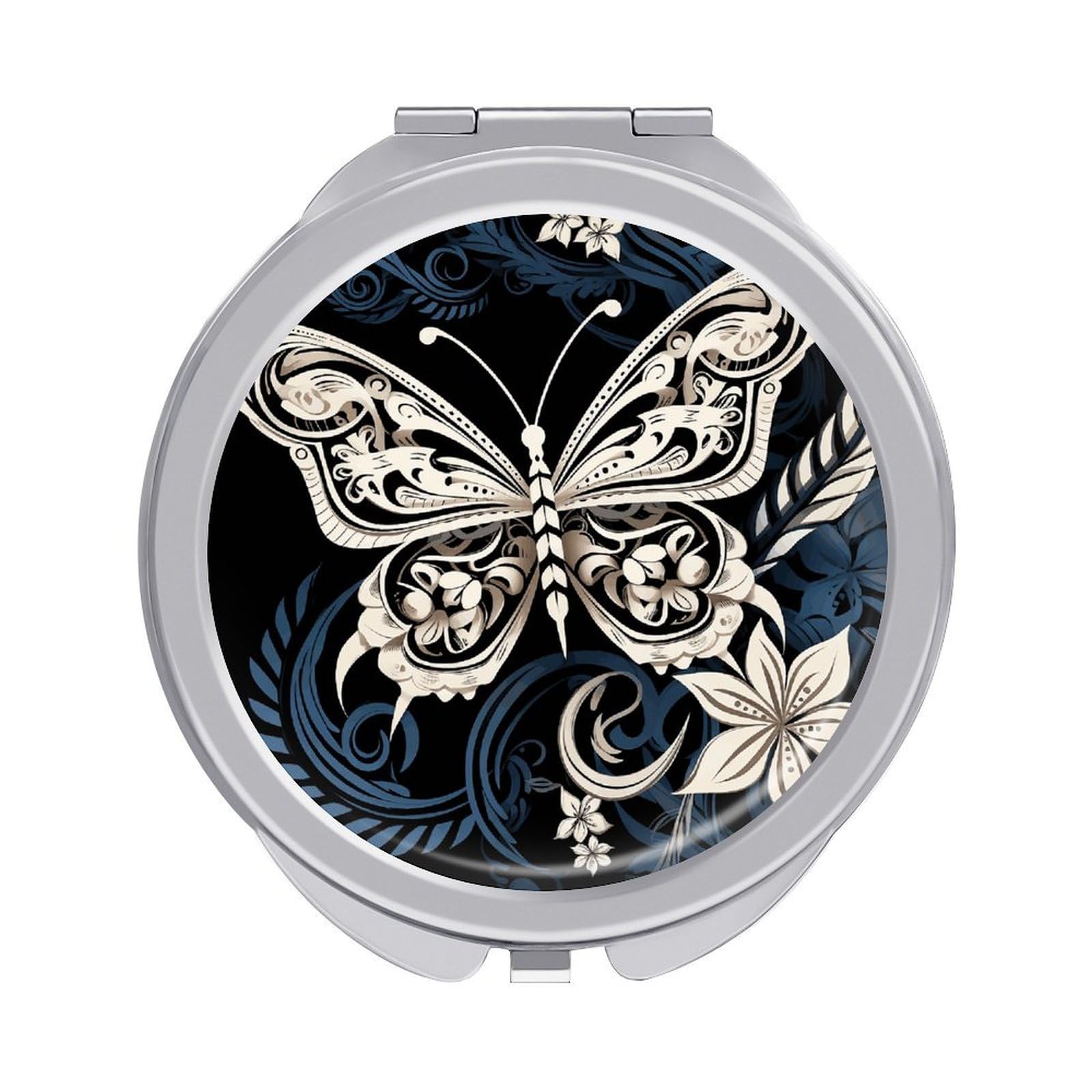 FekiLoot White Butterflies and Tribal Travel Makeup Mirror for Women Folding Portable Hand Compact Mirrors Small Round Vanity Mirror 1X/2X Magnifying Metal Pocket Makeup Mirrors