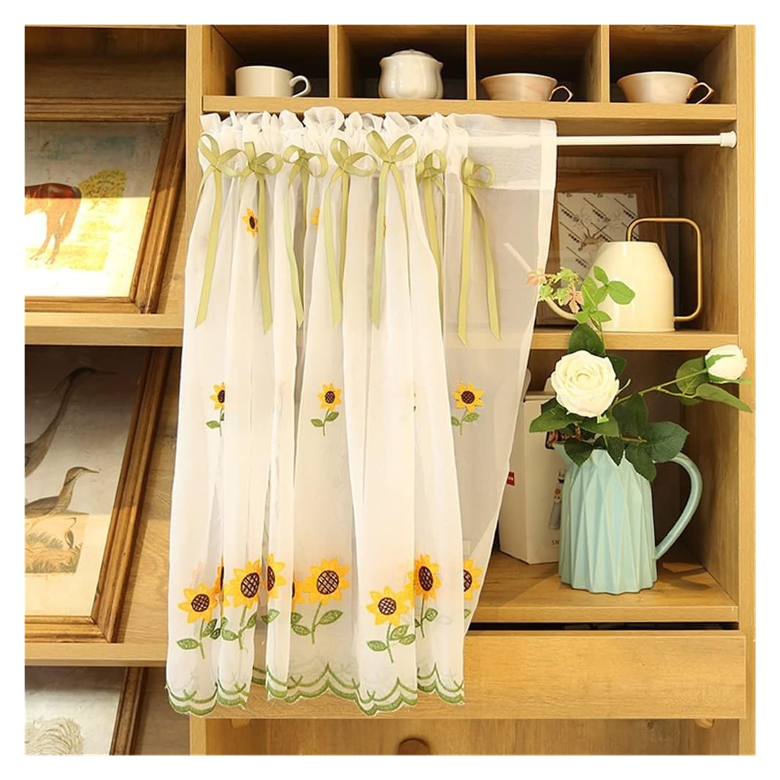 Rideaux en Voile, Rideau de Cuisine brodé à Fleurs, Rideau Court en Voile Transparent(W x H 100 x 130cm)