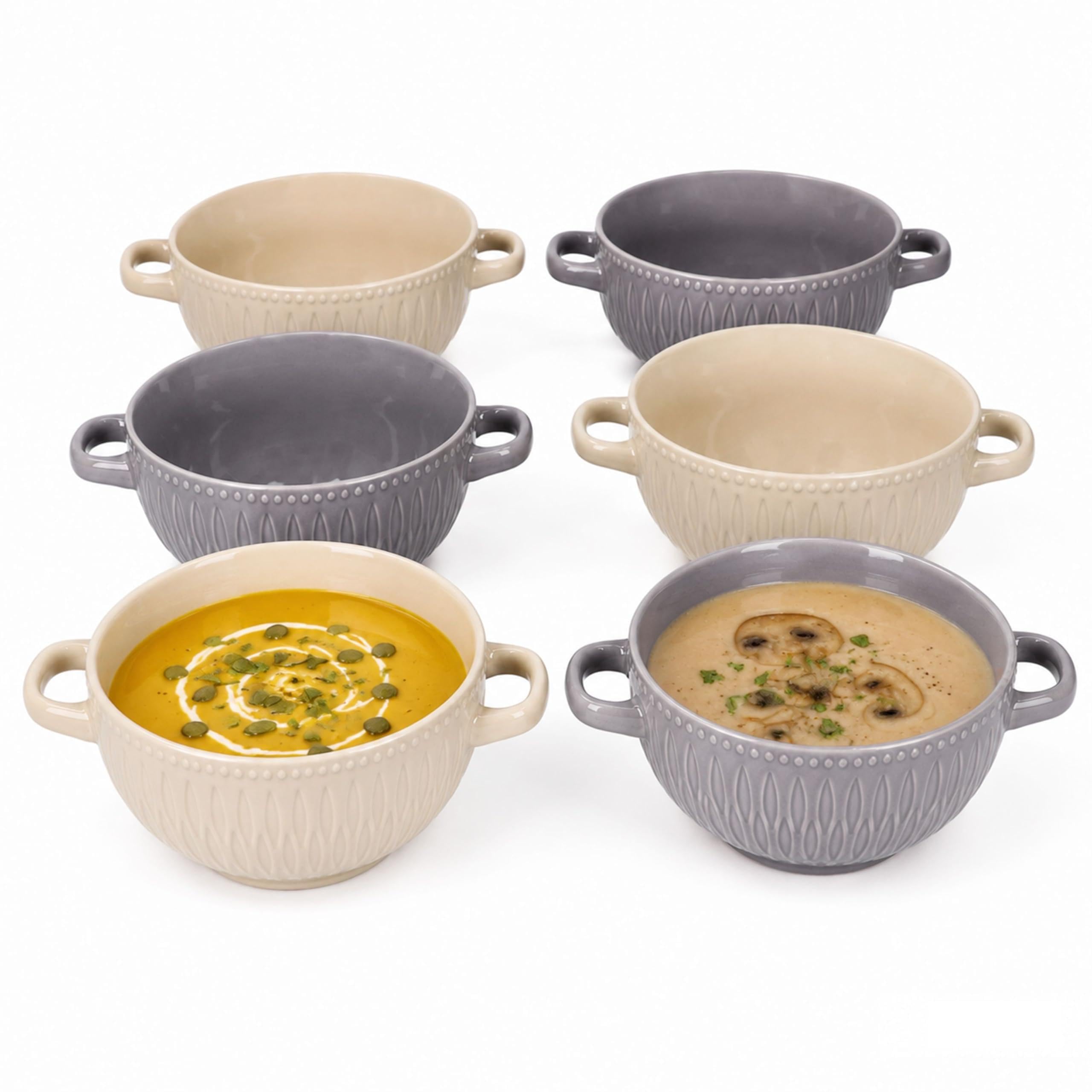 MamboCat Biko 6er Set Suppentassen I 650ml I 6 Personen I Keramiktassen in je 3X Vanille & Grau I Suppentasse mit Henkeln & Reliefdekor für Suppe, Eintopf, Bowl & Ramen