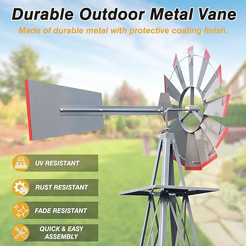 Miniatura 4 de Molino de viento ornamental de 8 pies, decoración de jardín, veleta meteorológica, molino de viento de metal resistente a la intemperie, diseño de 4