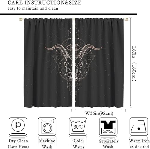 Vista 62 de Cortinas de cabeza de cabra, misteriosa cabeza de cabra malvada, calavera negra, bolsillo para barra, cortinas opacas para ventana, juego de 2