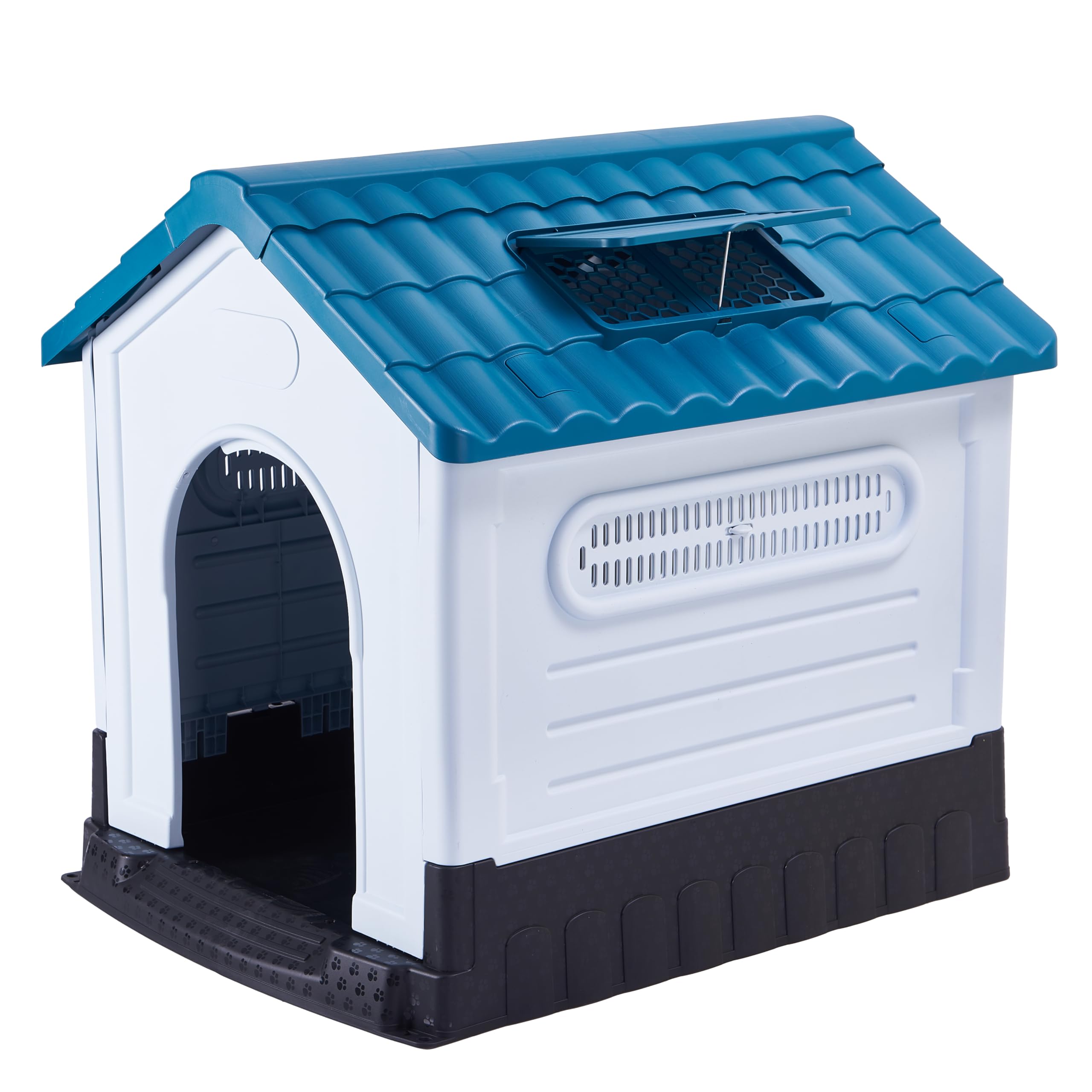 Lanco - Caseta para Perros Medianos con Techo corredizo Regulable. Uso Interior y Exterior con ventilación. Material Resistente. 83x67x76cm. Azul y Blanco.