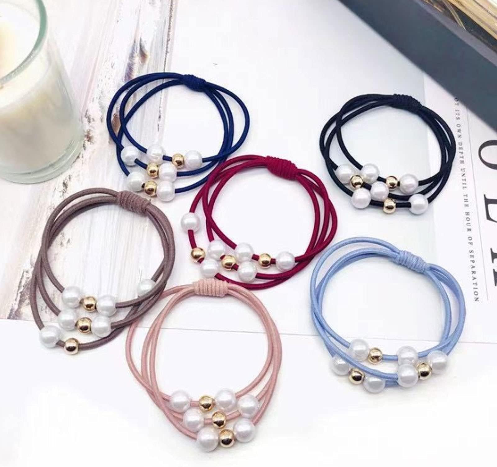 Pack of 12 Pearl Hair Bands Three in One Hair Rings with Beads Hair Rope Bracelet Beads Hair Band Strong Elastic Bands Ponytail Holder Layered Hair Bands for Women Girls Hair Accessories