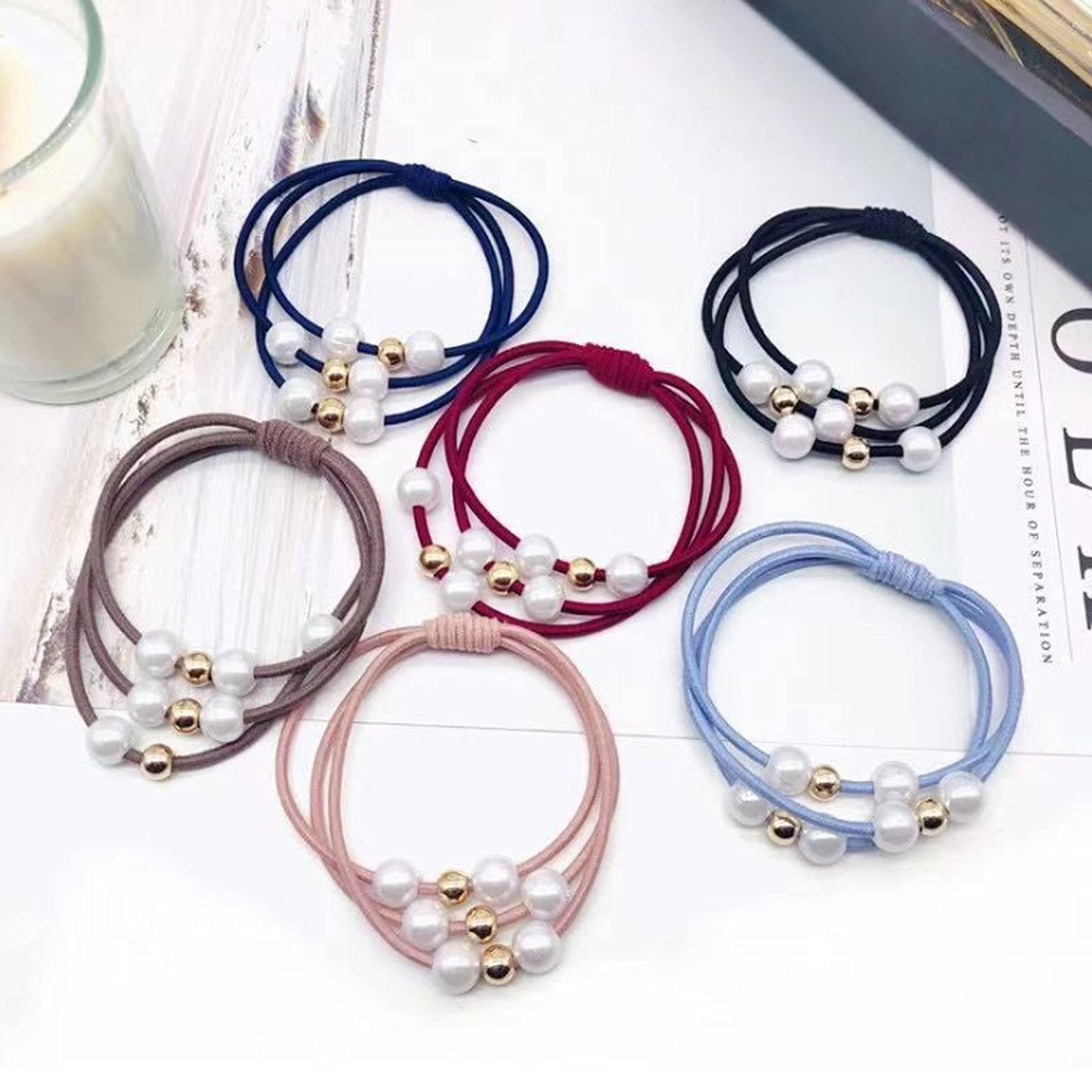 Pack of 12 Pearl Hair Bands Three in One Hair Rings with Beads Hair Rope Bracelet Beads Hair Band Strong Elastic Bands Ponytail Holder Layered Hair Bands for Women Girls Hair Accessories