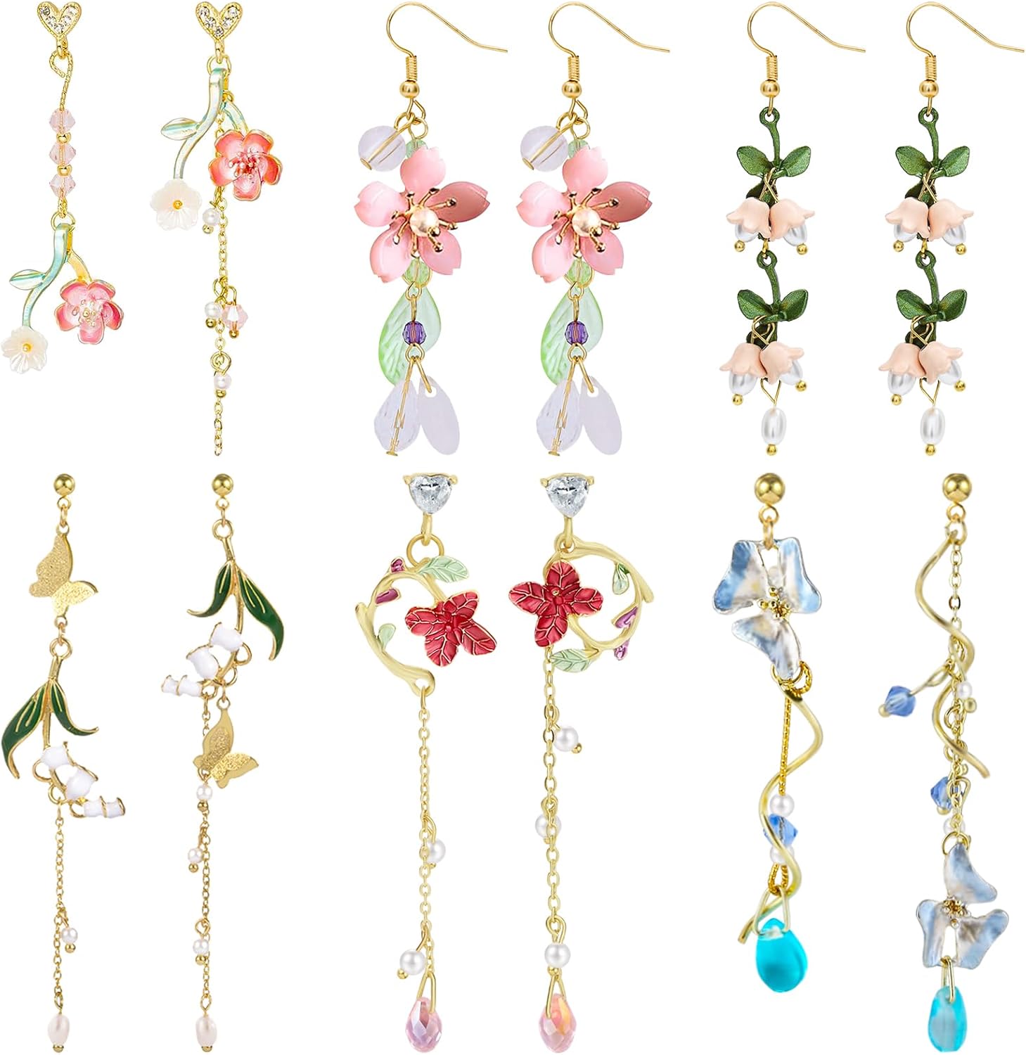 NEWITIN 6 Pairs Flower Earrings for Women Hypoallergenic Earring Pearl Leaf Floral Tassel Earring Statement Long Flower Dangle Earrings for Women