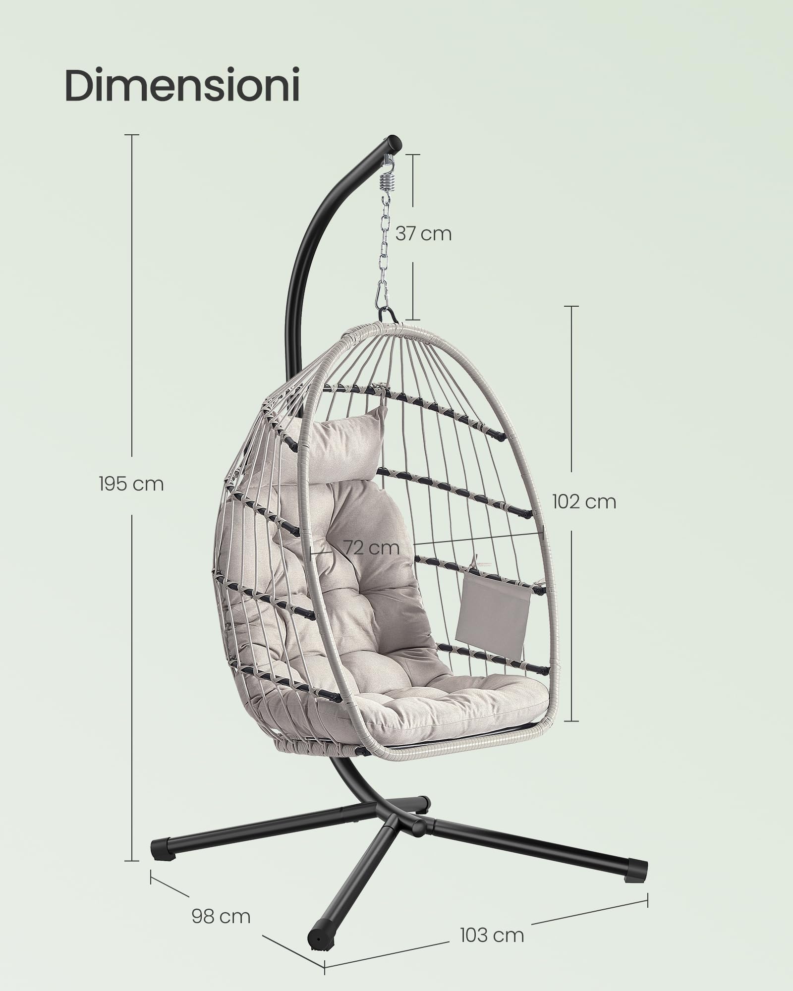 SONGMICS Sedia Sospesa da Esterno, Cestello Pieghevole, Poltrona a Uovo, Altezza Regolabile, Tasca Portaoggetti, Seduta Imbottita, per Soggiorno, Giardino e Balcone, Bianco GDC050WZ01