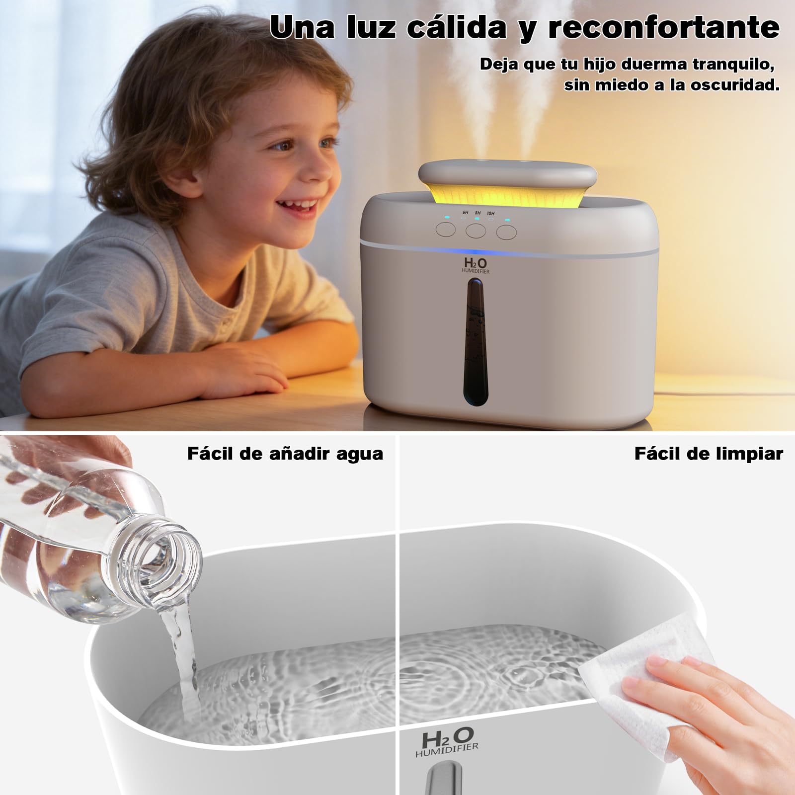 Humidificador, 2L Humidificador de Aire,20 dB Silencio Humificador de vapor frío para habitaciones de bebes,plantas y oficinas con temporizador de apagado automático y función de luz nocturna (Blanco)
