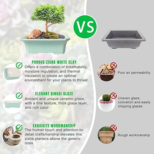 Miniatura 5 de Zisha - Juego de 2 macetas de arcilla blanca para bonsái esmaltadas poco profundas, color verde claro